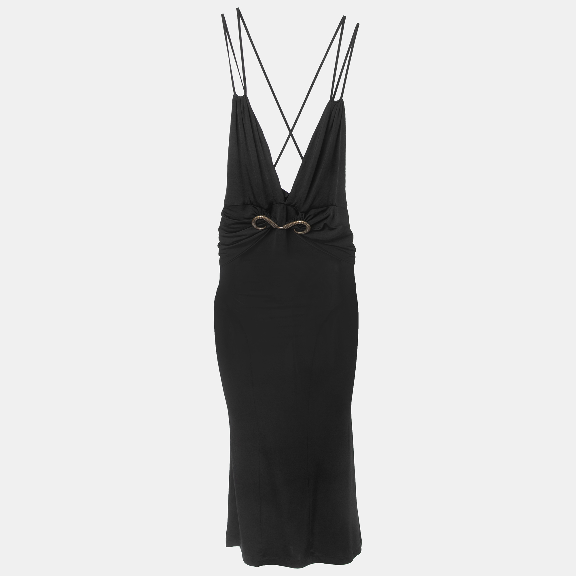 Just Cavalli Black Jersey Plunge Strappy Midi Dress S