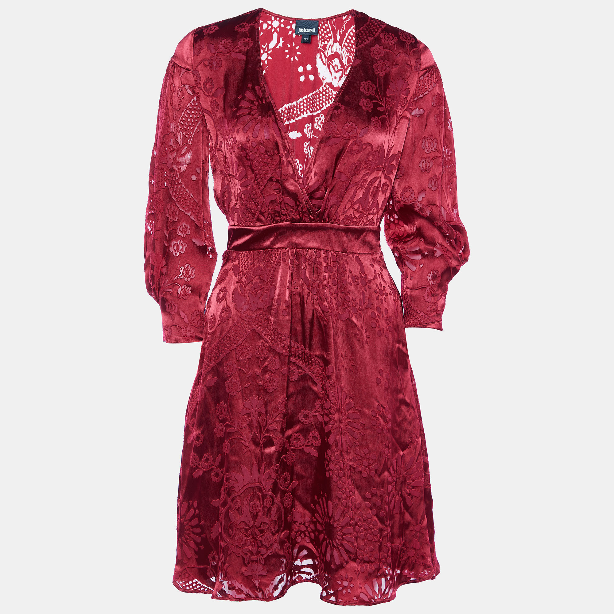 Just Cavalli Red Silk Devore Faux Wrap Mini Dress S