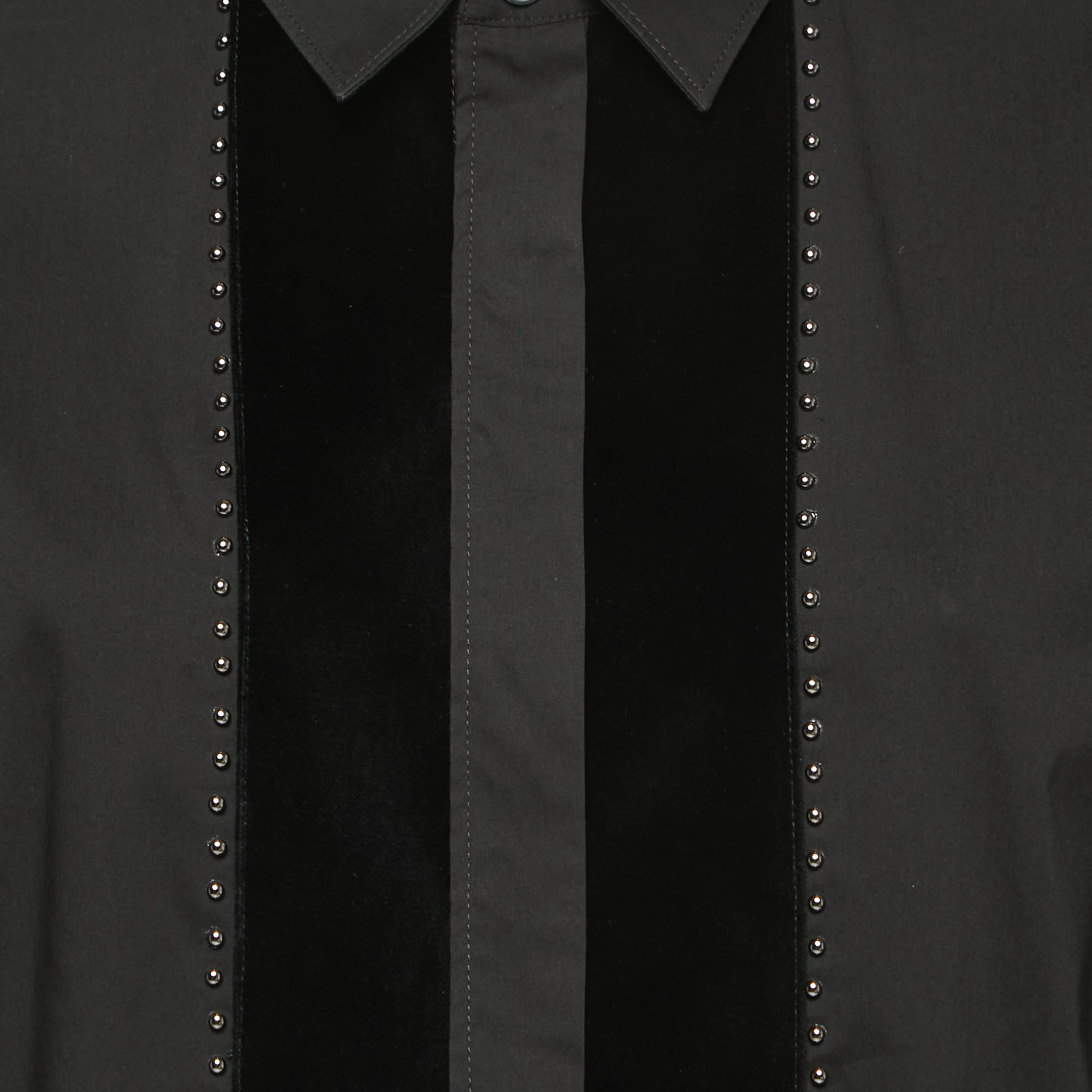 Just Cavalli Black Cotton Studded Velvet Trim Button Front Full Sleeve Shirt XL