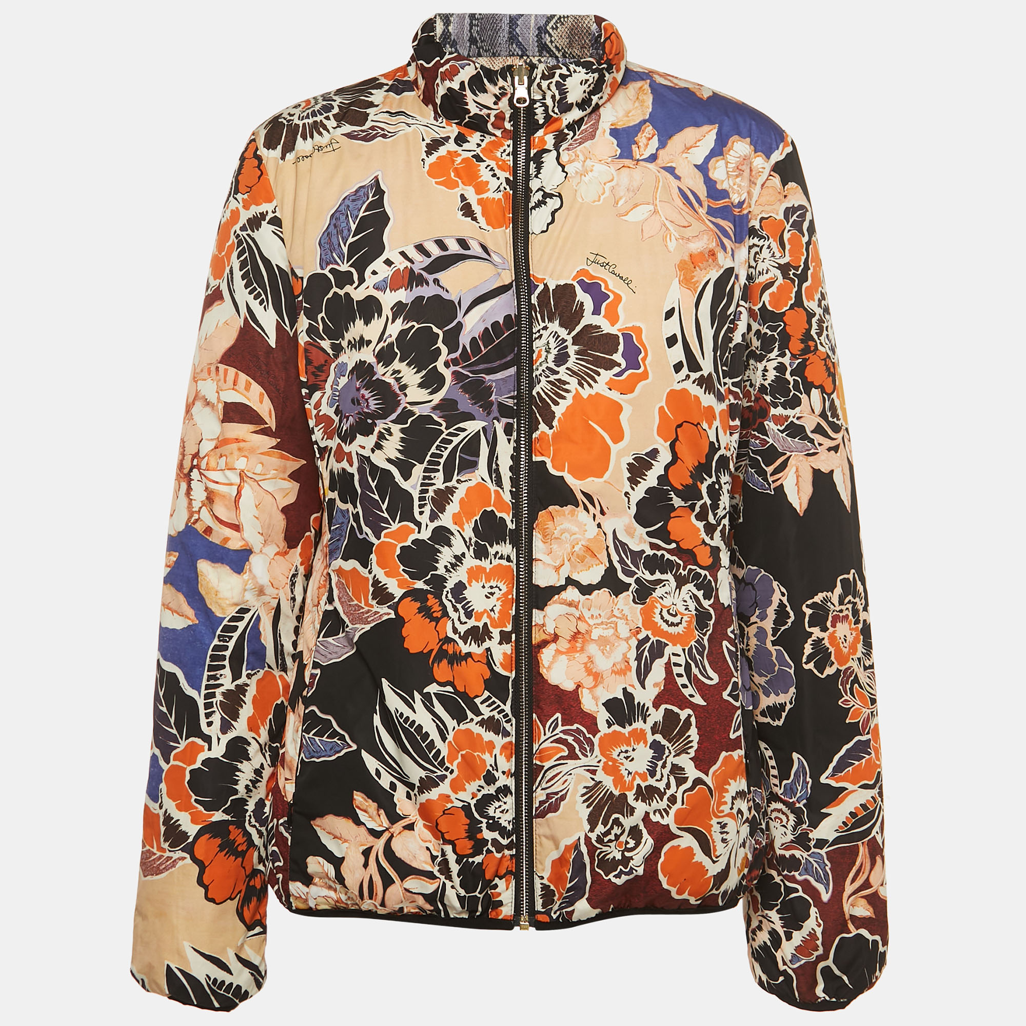 Just Cavalli Multicolor Floral/Snake Print Cotton Zip Front Reversible Jacket L