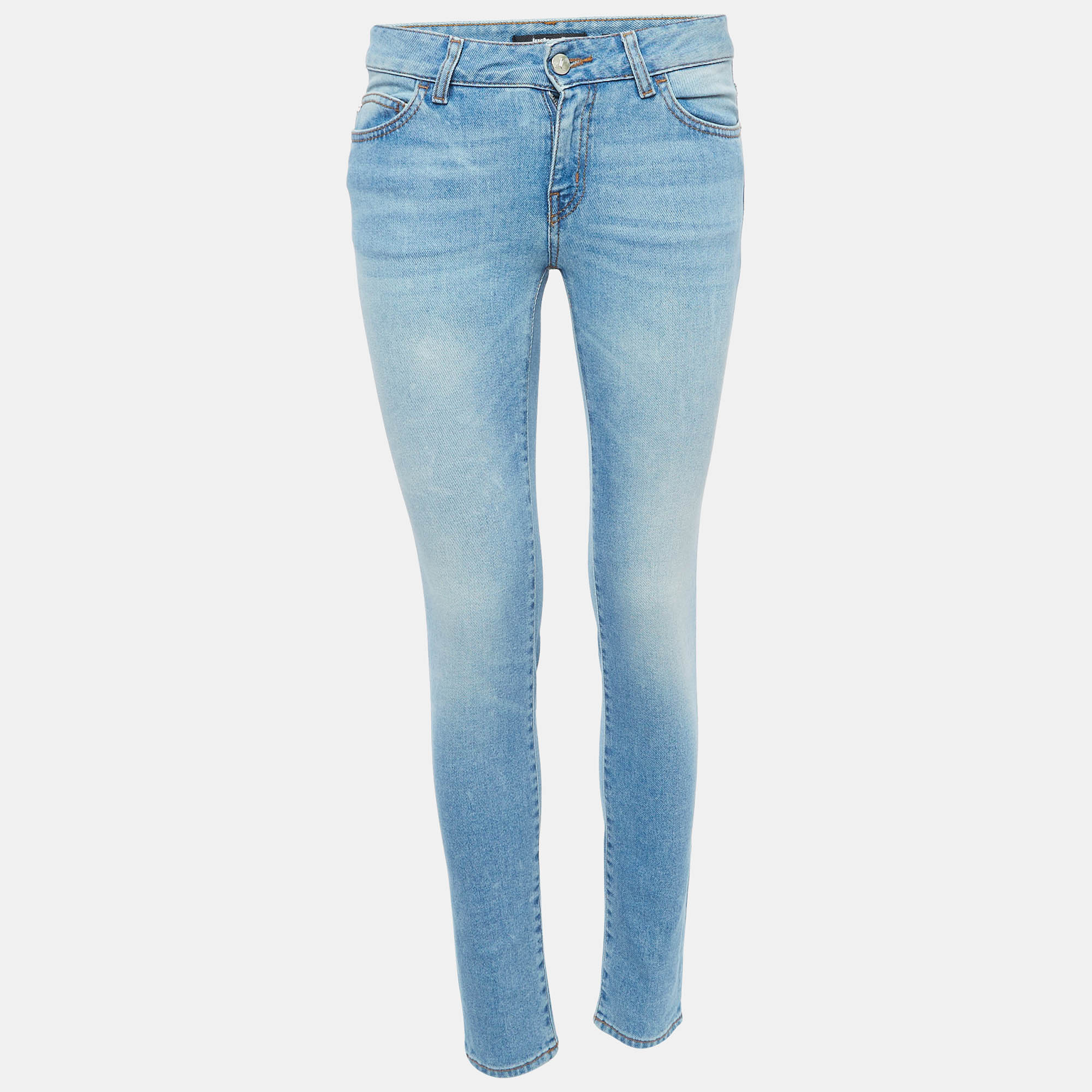 Just cavalli blue denim embroidered pocket slim fit jeans s waist 26"