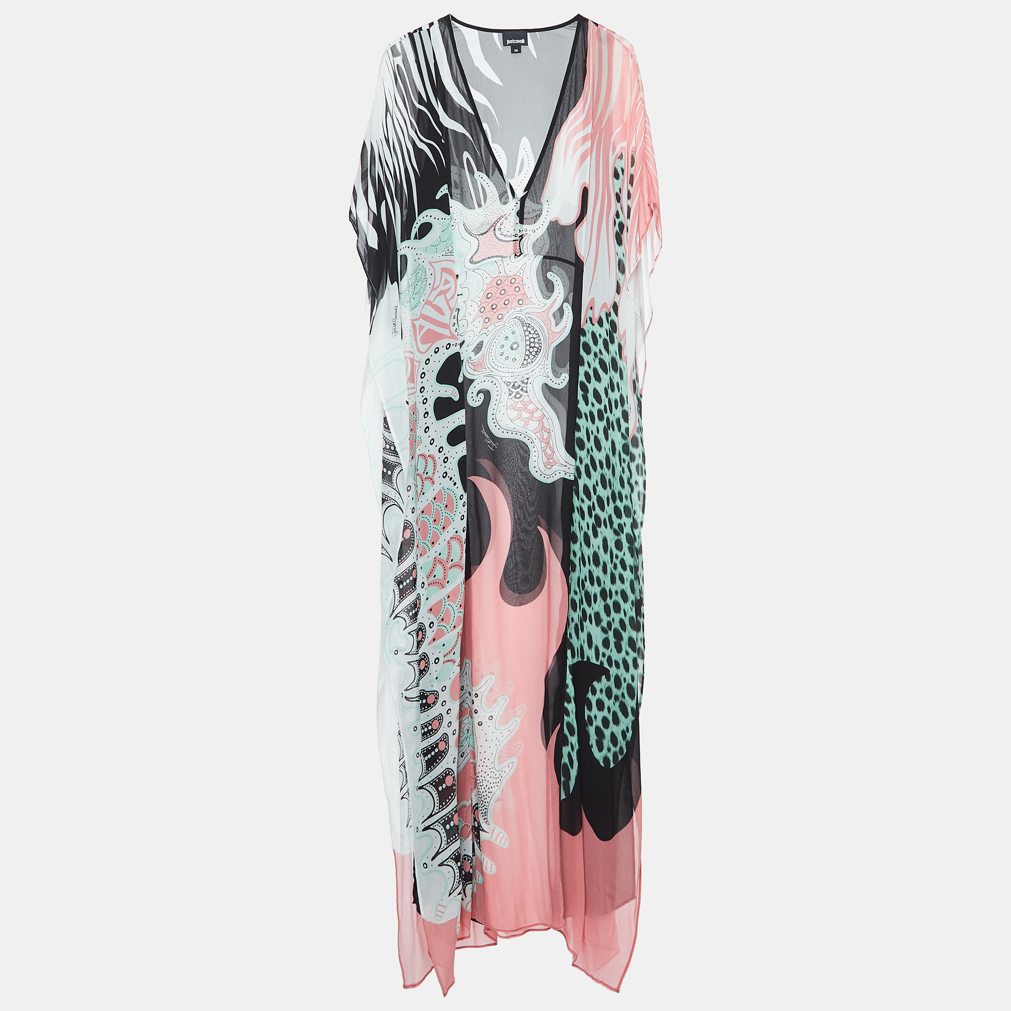 Just cavalli multicolor abstract print georgette kaftan cover-up dress s