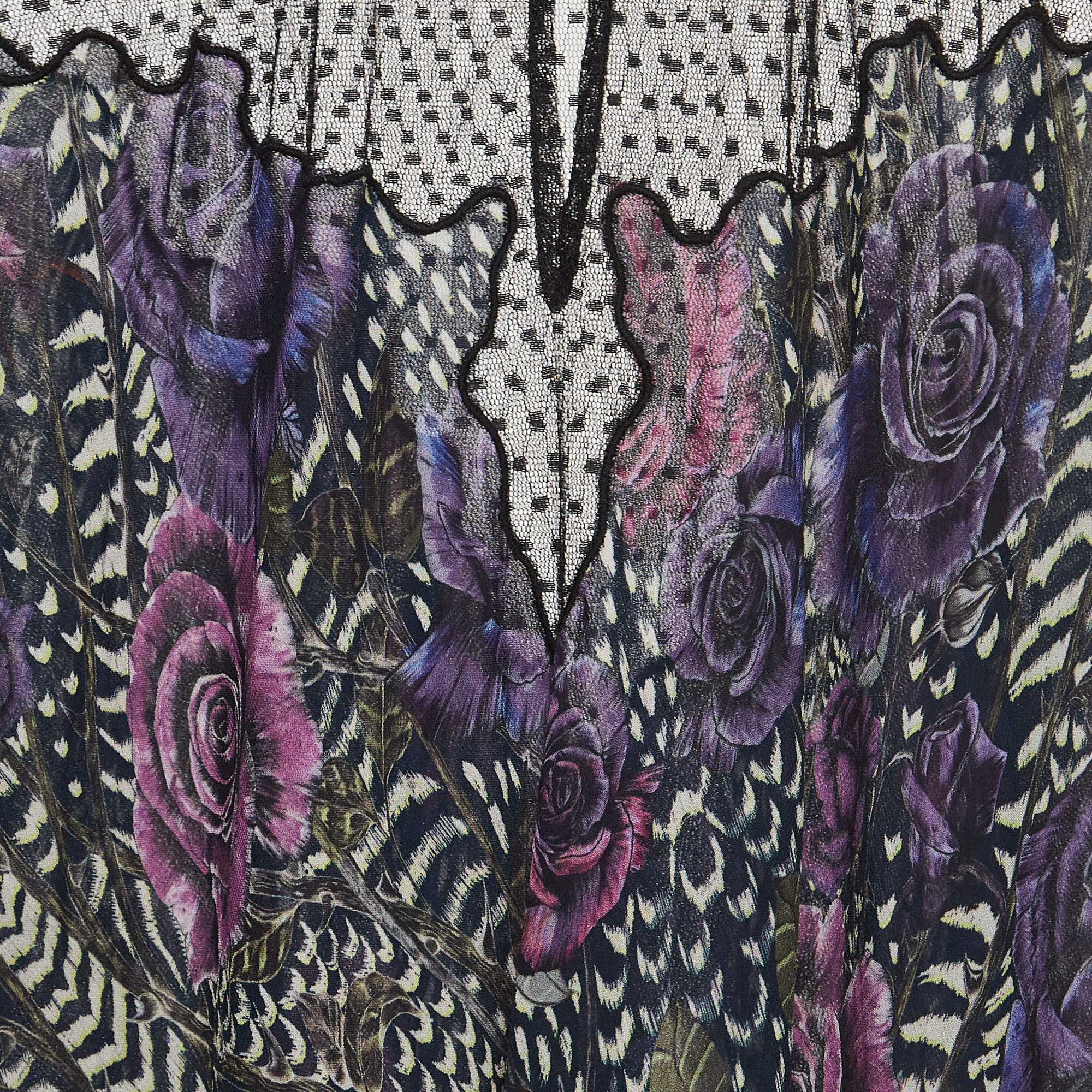 Just Cavalli Purple/Black Floral Print Crepe And Tulle Long Sleeves Top L