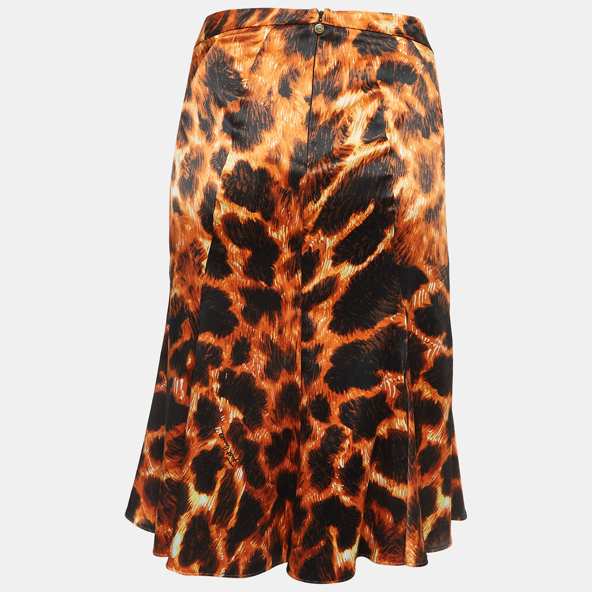 Just Cavalli Orange/Black Animal Print Satin Flared Midi Skirt M