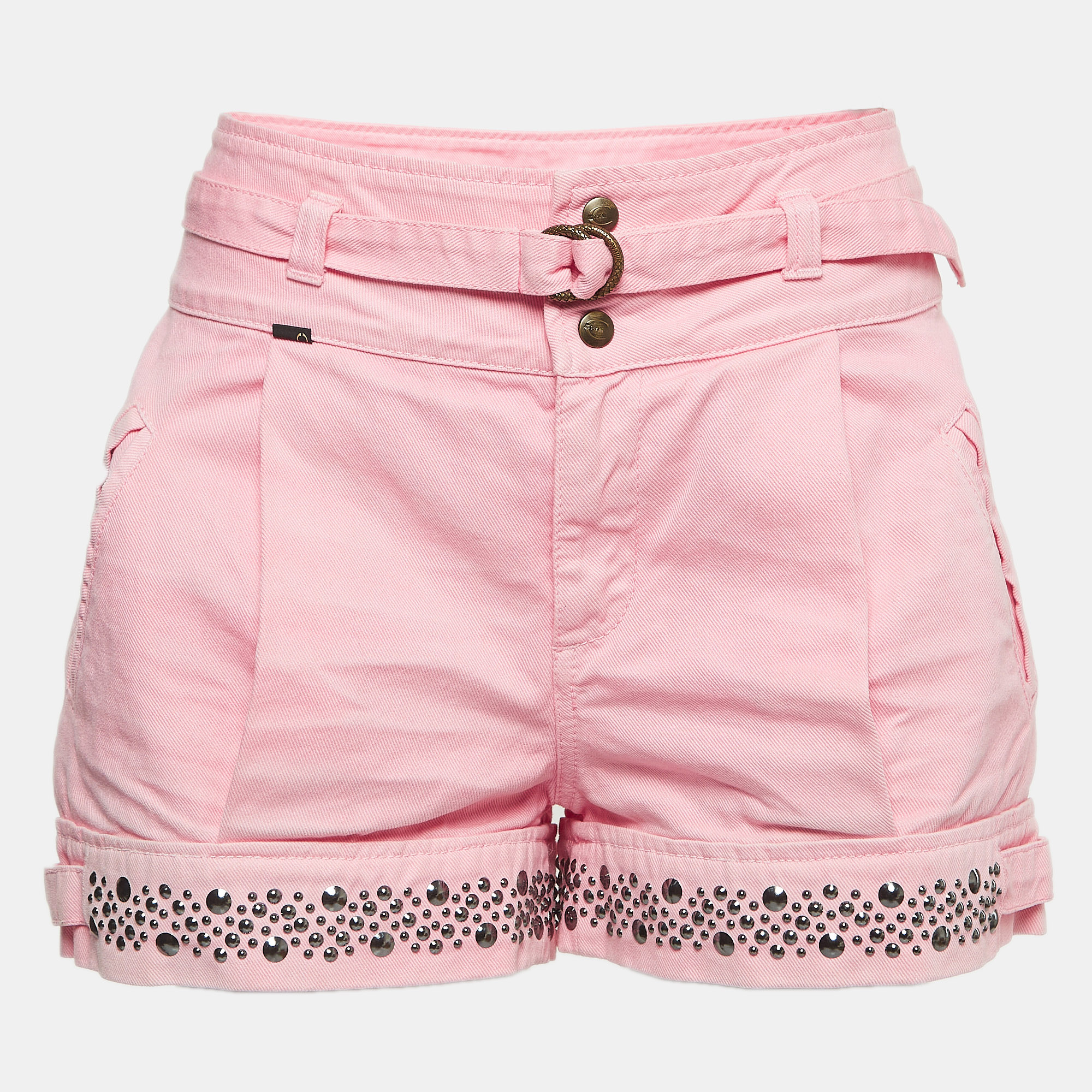Just cavalli pink cotton stud detail belted shorts m