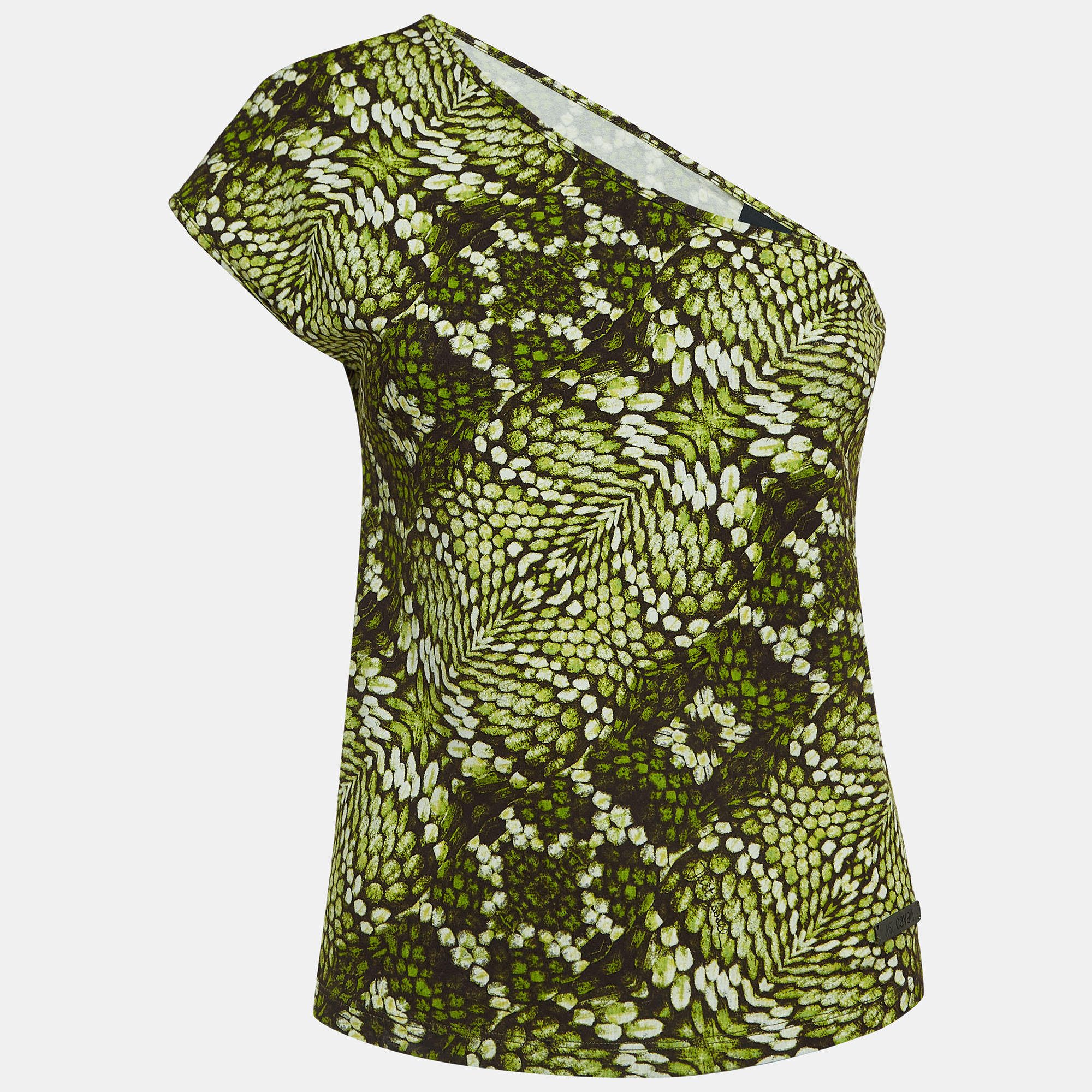 Just cavalli green print stretch cotton one shoulder top m