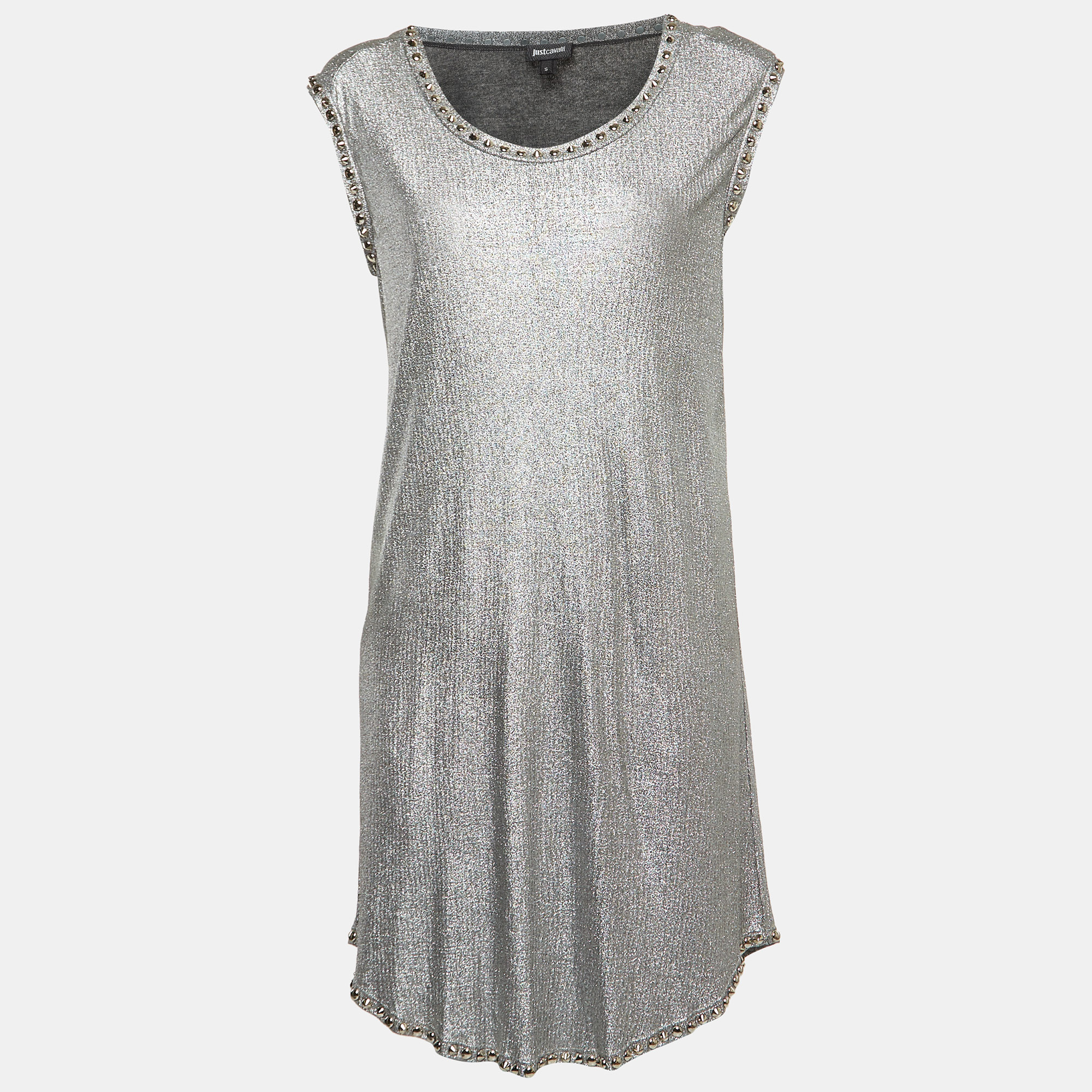 Just cavalli metallic silver lam&eacute; jersey metal embellished mini dress s