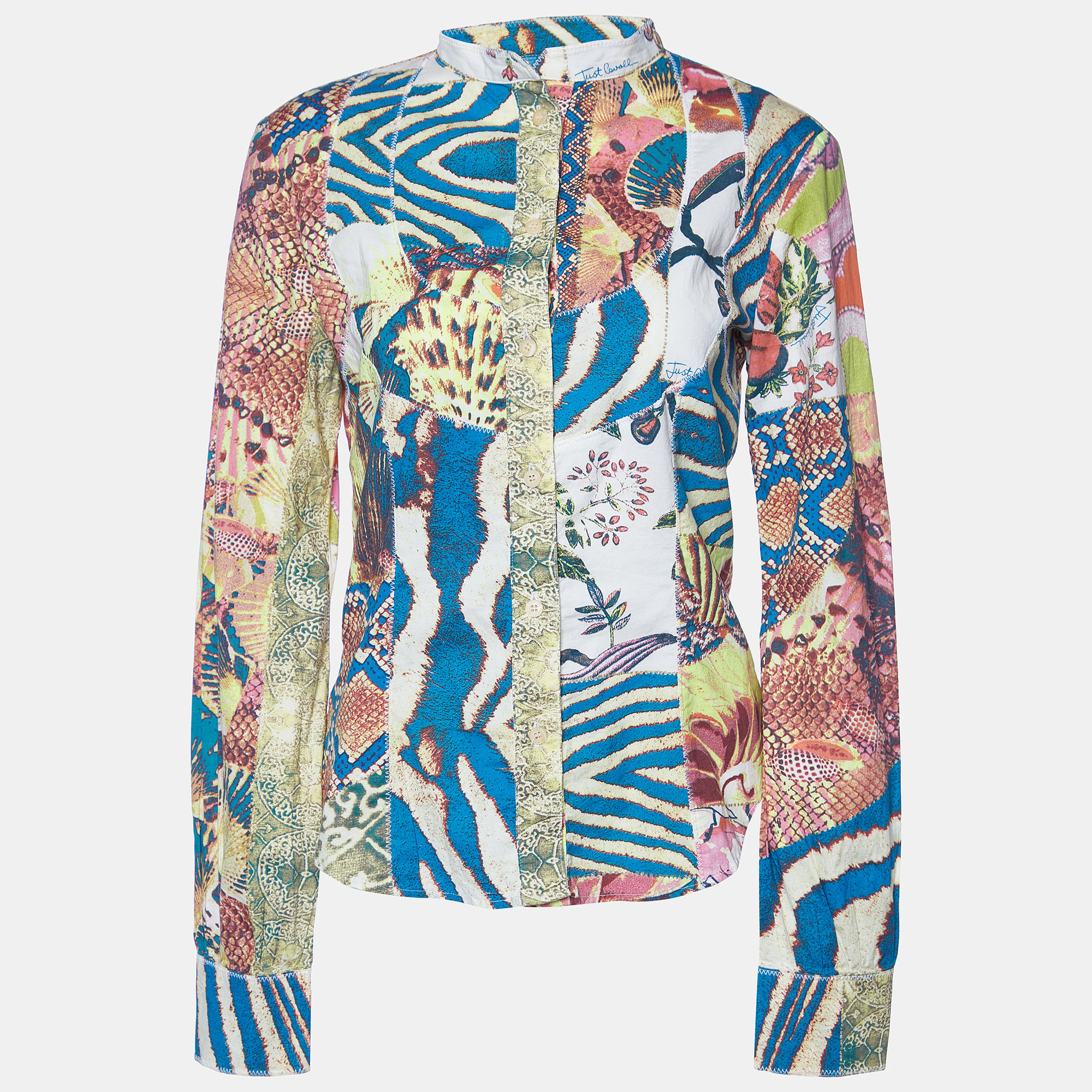 Just cavalli multicolor patchwork printed cotton button front shirt m