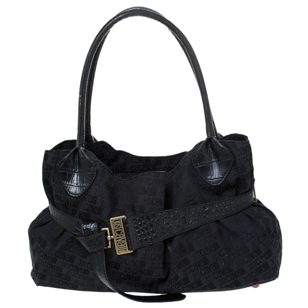 Image of Just Cavalli Black Fabric and Croc Embossed Leather Belted Shoulder Bag