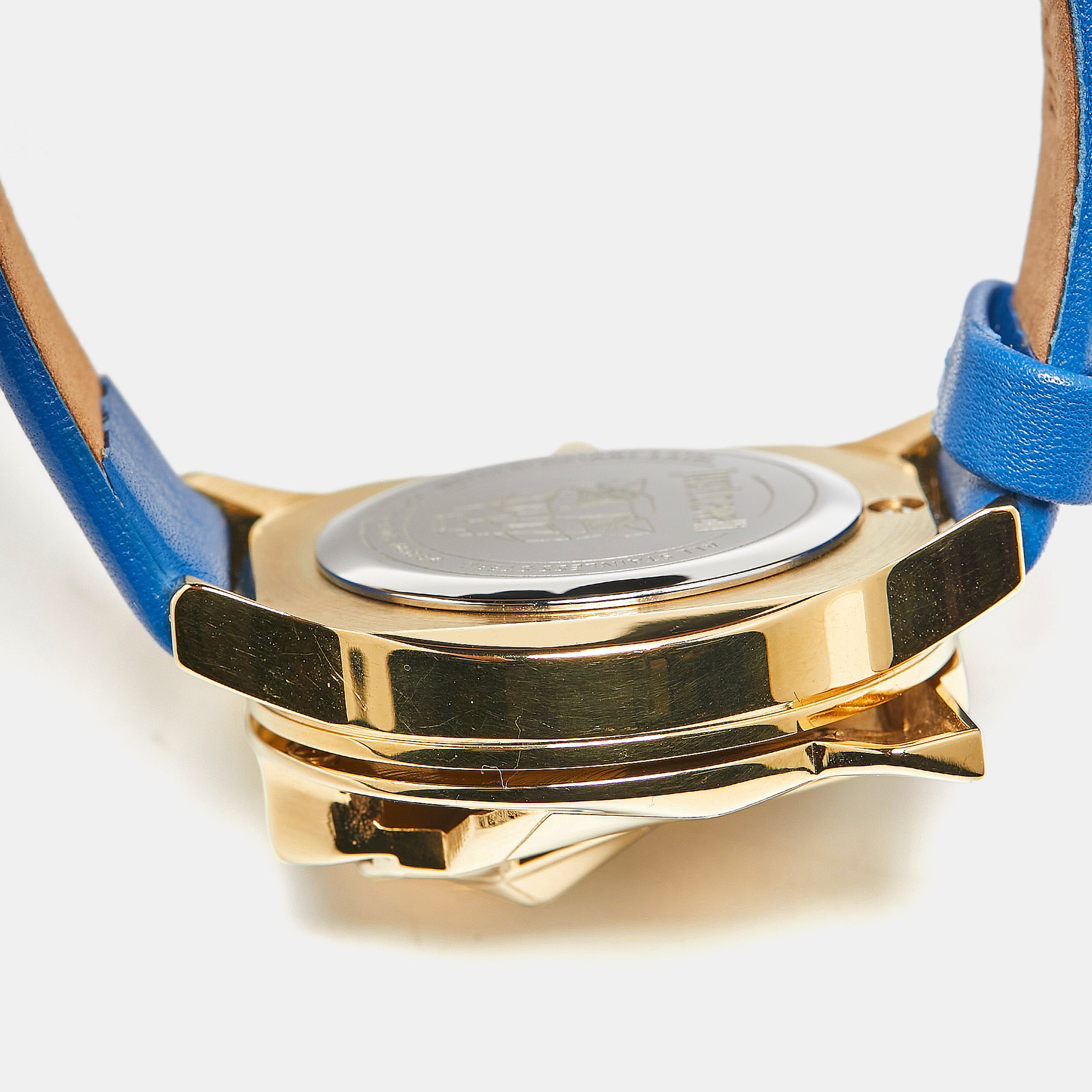 Just Cavalli Blue Yellow Gold Tone Stainless Steel Leather Just Tiger 7251561505 Women's Wristwatch 34 Mm