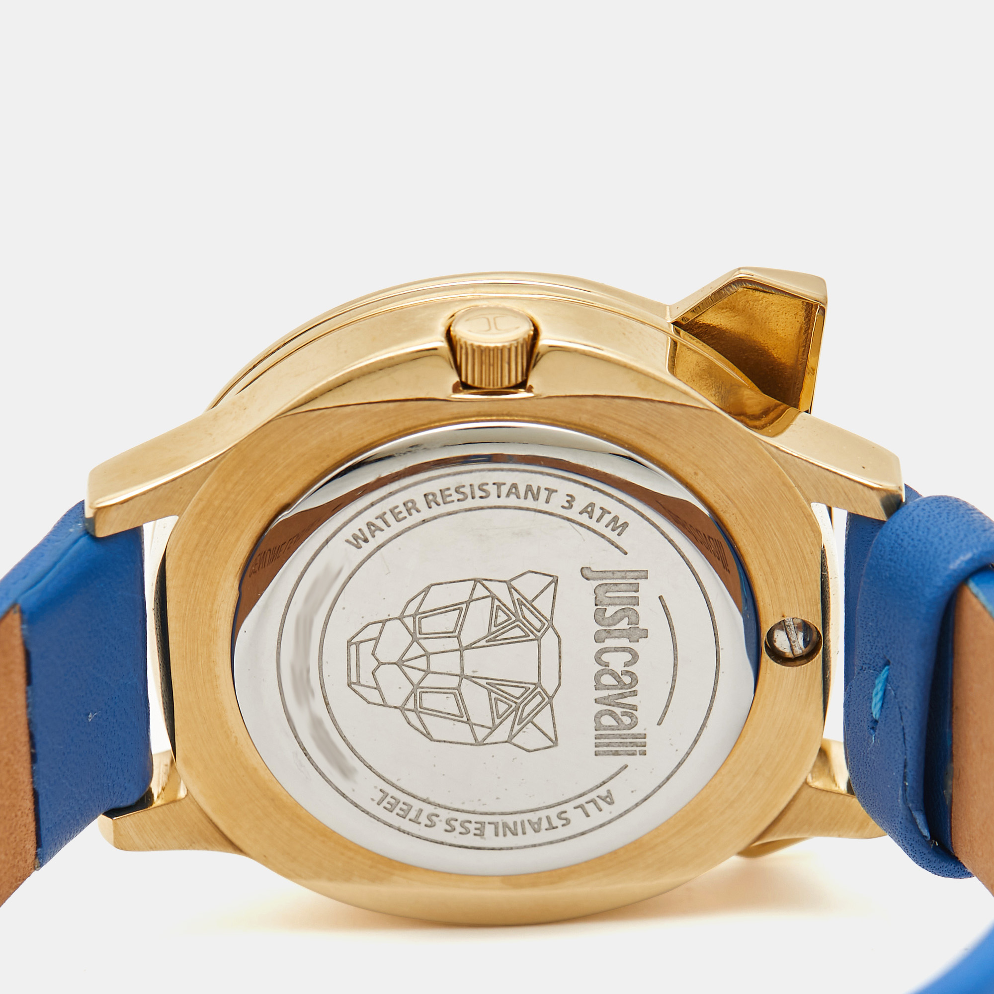 Just Cavalli Blue Yellow Gold Tone Stainless Steel Leather Just Tiger 7251561505 Women's Wristwatch 34 Mm