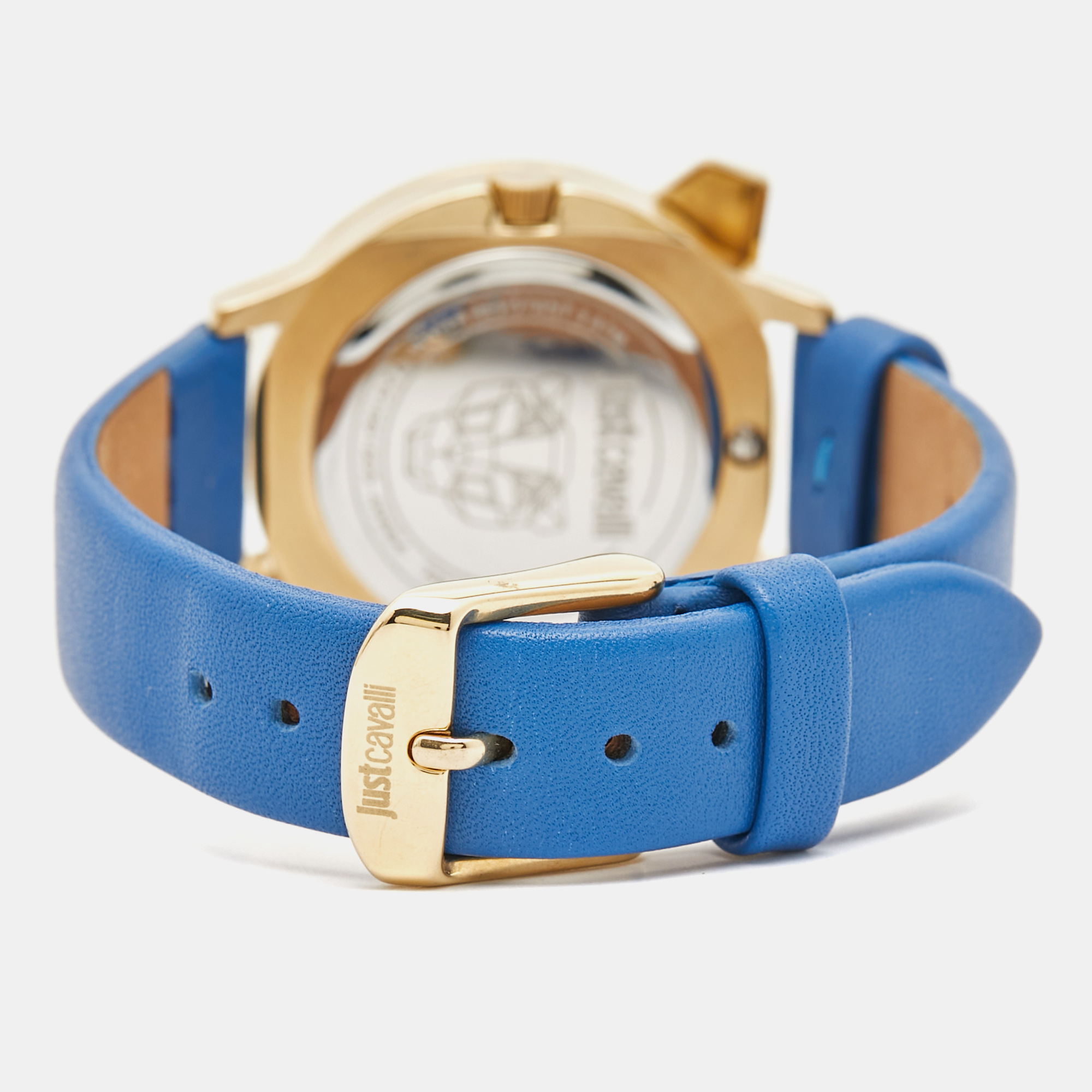 Just Cavalli Blue Yellow Gold Tone Stainless Steel Leather Just Tiger 7251561505 Women's Wristwatch 34 Mm