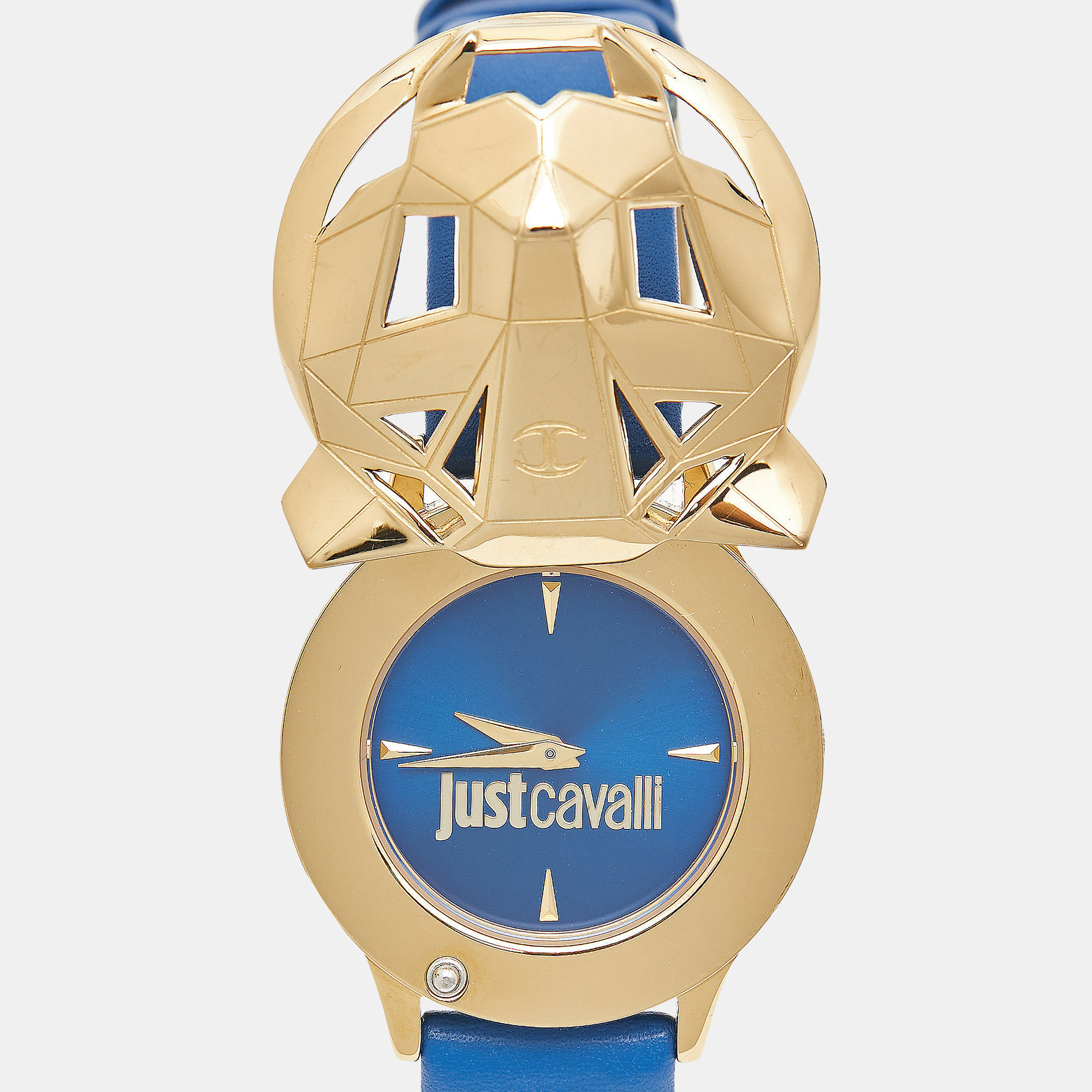 Just Cavalli Blue Yellow Gold Tone Stainless Steel Leather Just Tiger 7251561505 Women's Wristwatch 34 Mm