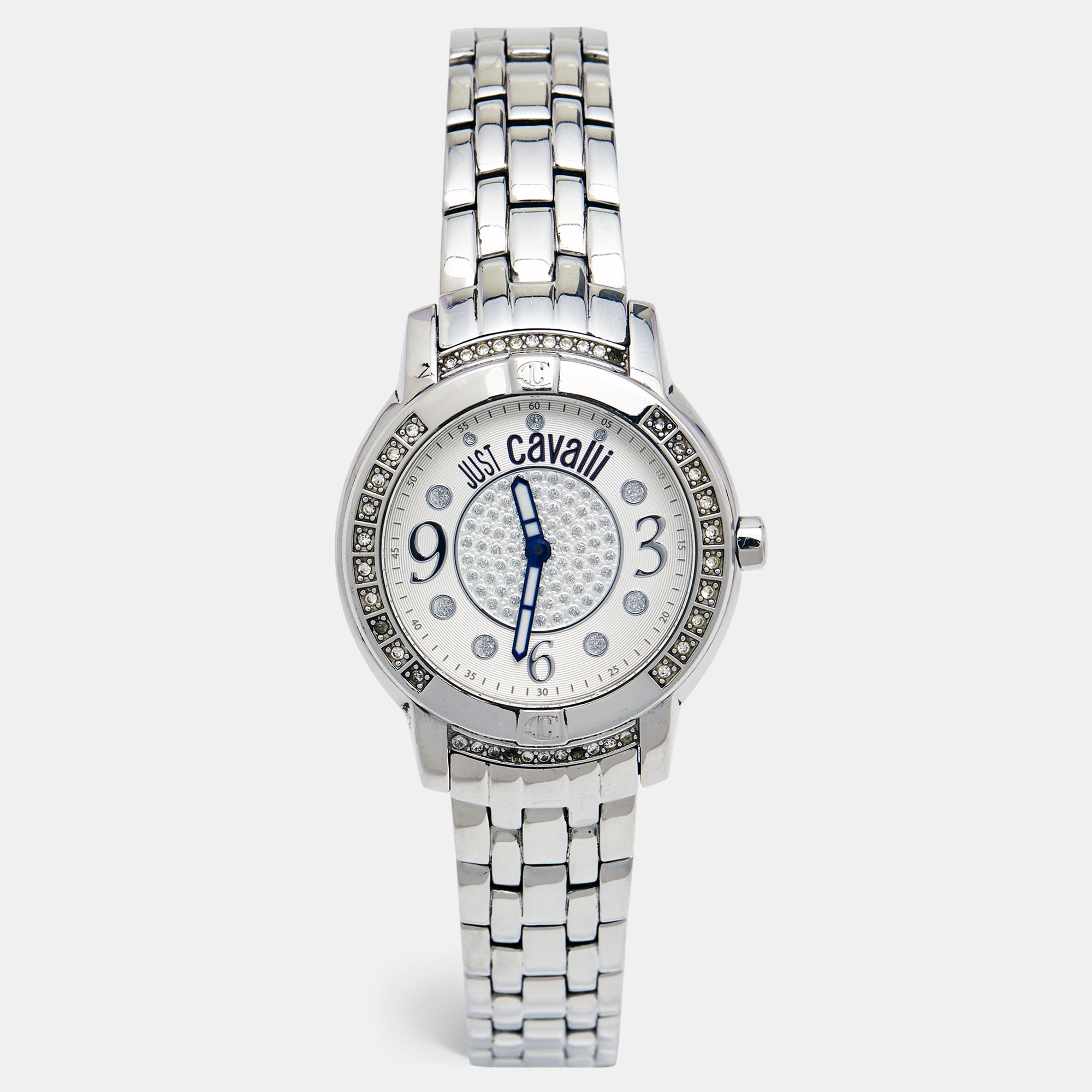 Just Cavalli Silver Crystal Embellished Stainless Steel R7253161515 Women's Wristwatch 34 Mm