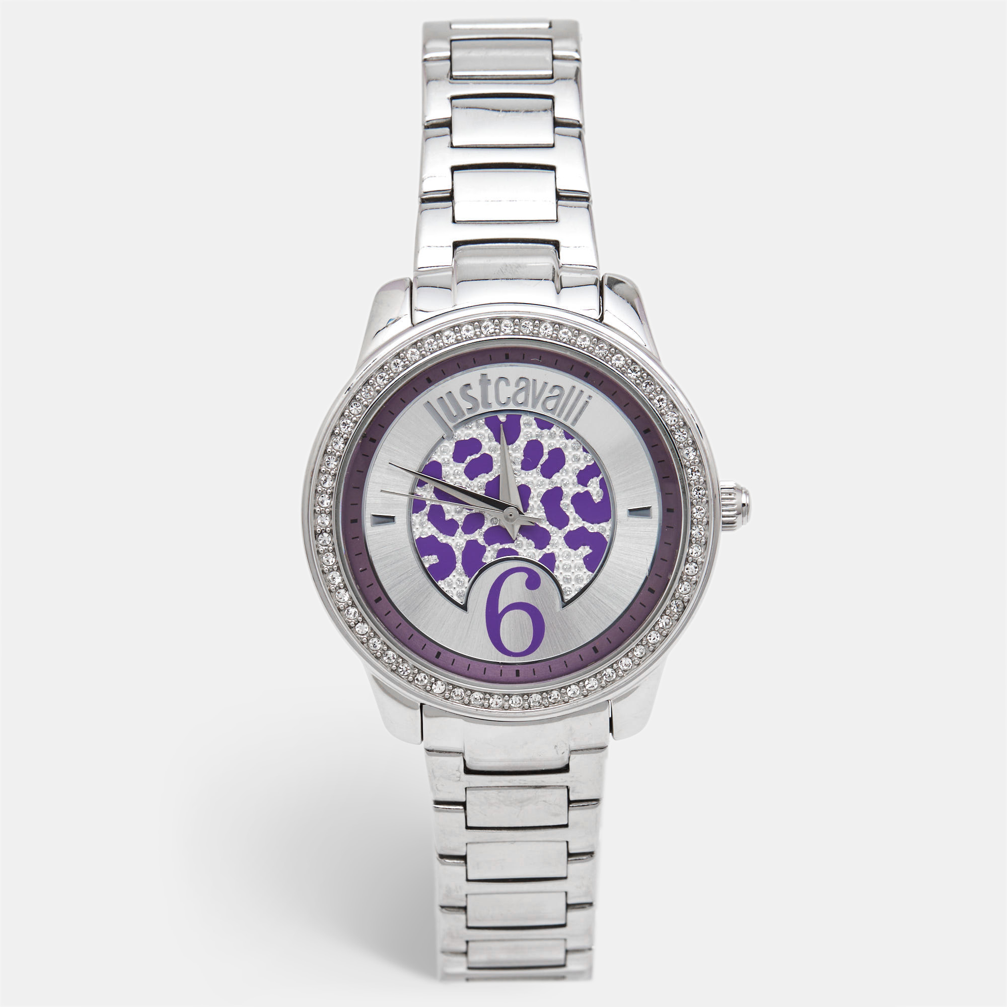 Just cavalli purple silver crystal embellished stainless steel r7253196501 women's wristwatch 40 mm