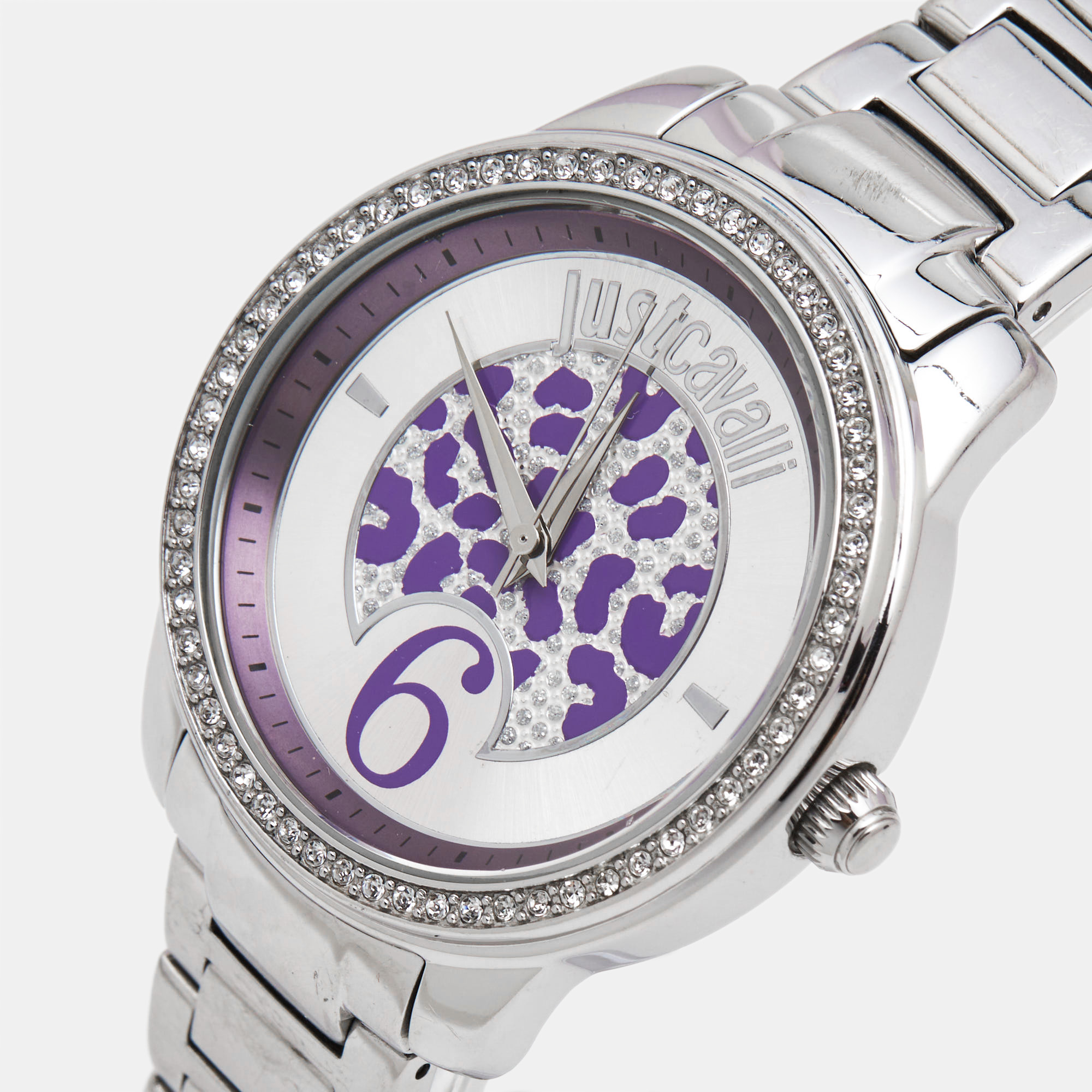 Just Cavalli Purple Silver Crystal Embellished Stainless Steel R7253196501 Women's Wristwatch 40 Mm