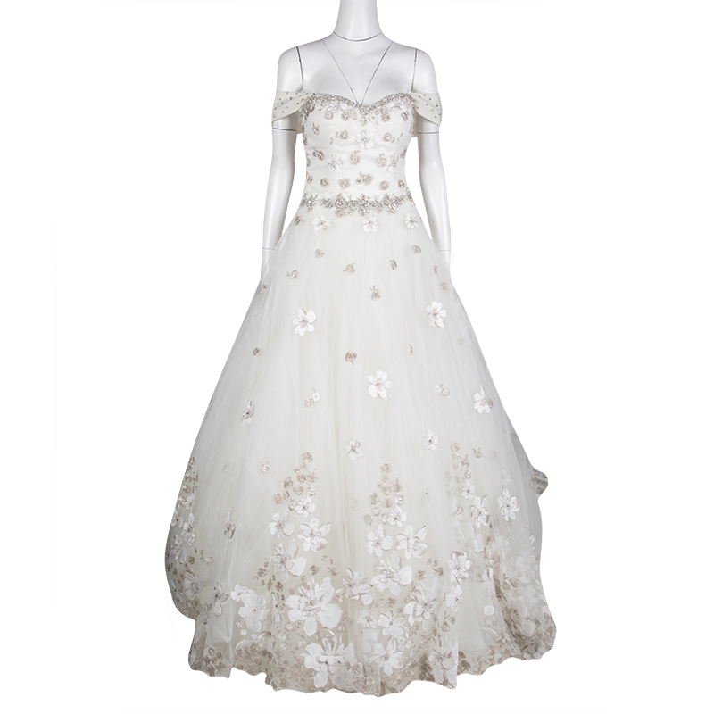 Justin Alexander Signature White Off Shoulder Floral Embroidered Embellished Tulle Wedding Gown M