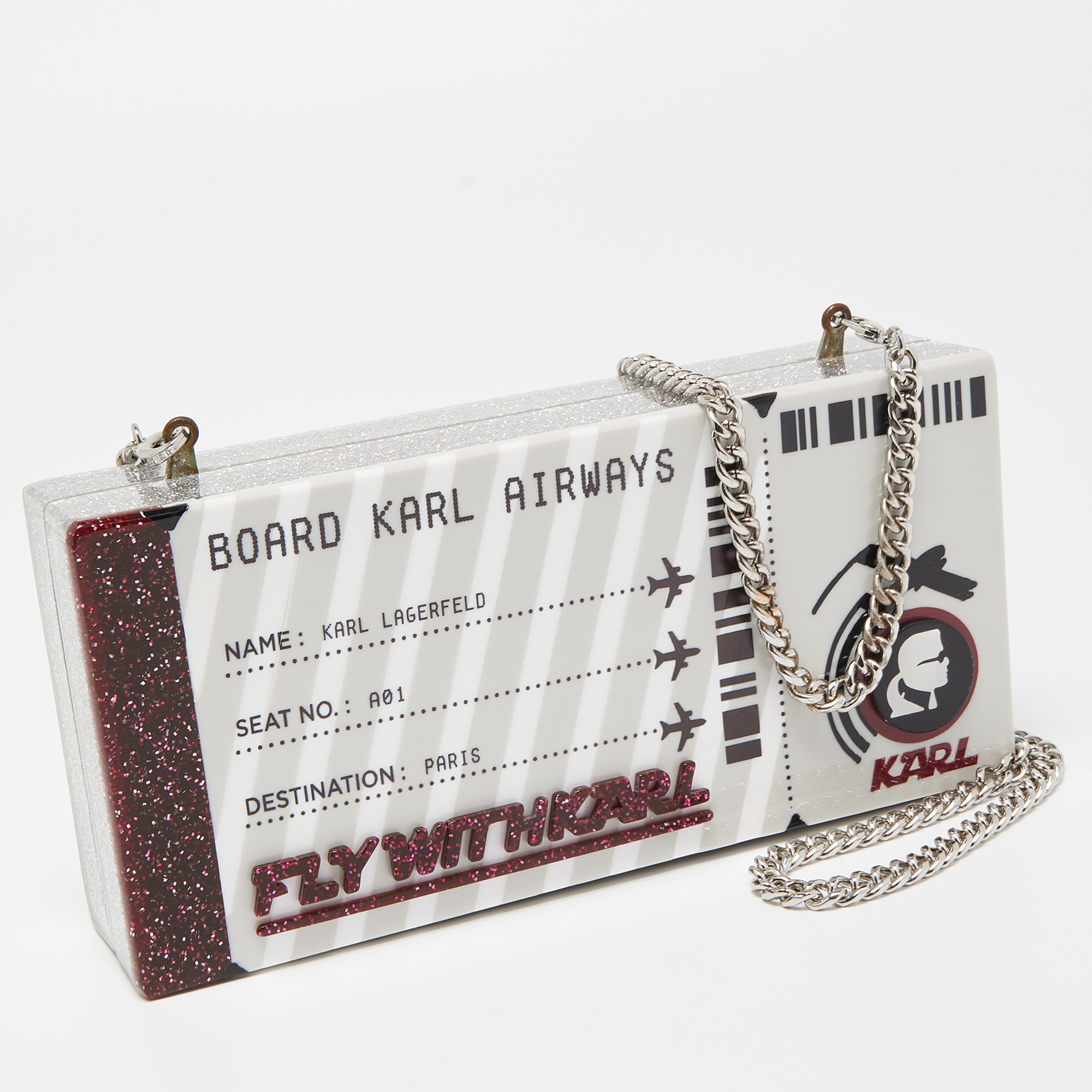 Karl Lagerfeld Multicolor Glitter Acrylic Minaudiere K/Jet Boarding Pass Chain Clutch