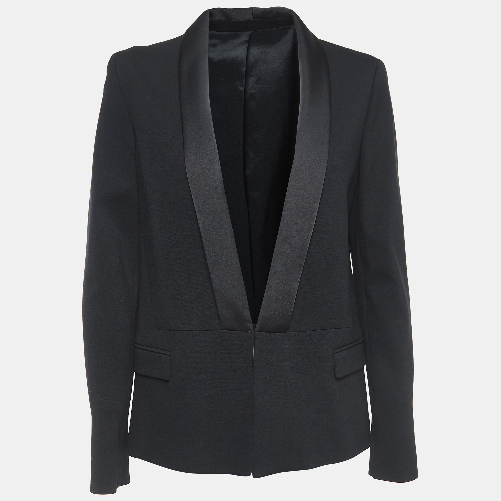 Karl lagerfeld black knit satin panel single breasted blazer m