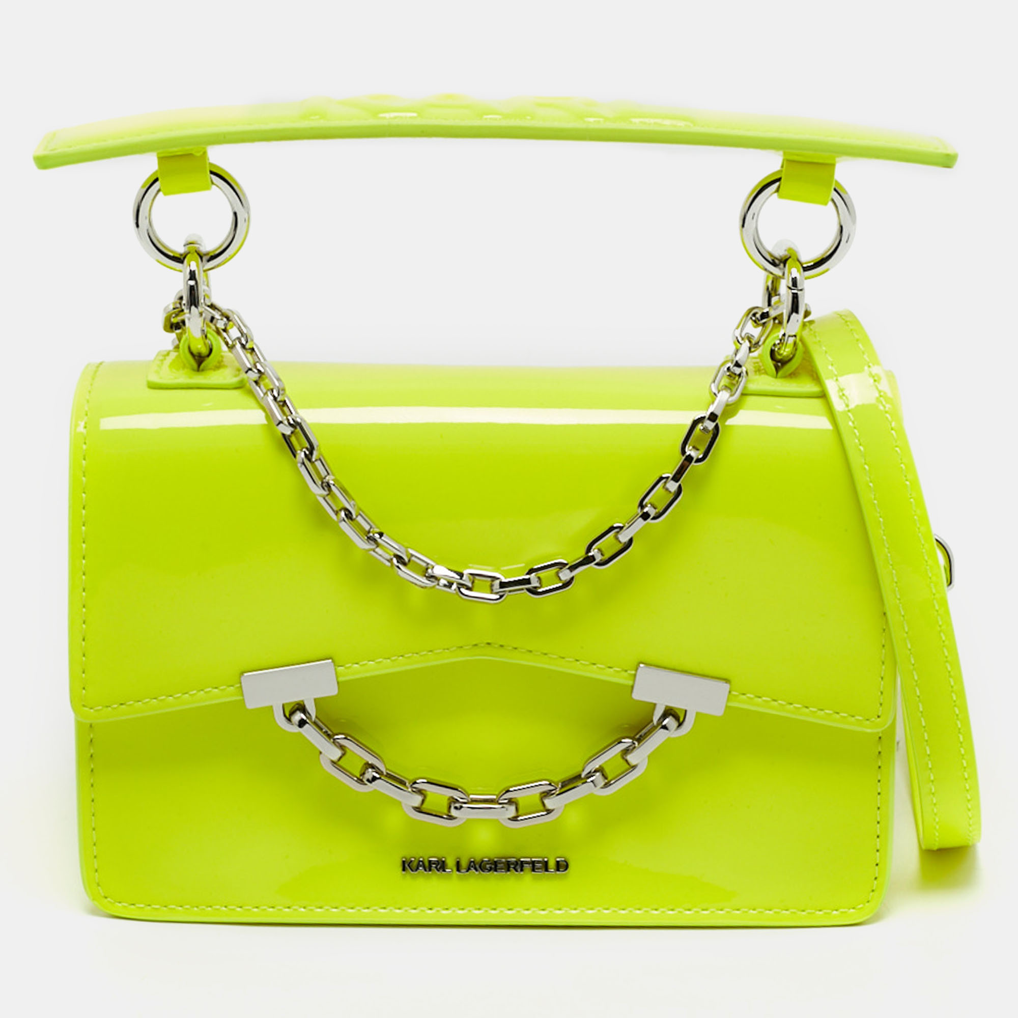 Karl Lagerfeld Neon Yellow Patent Leather Mini K/Karl Seven Top Handle Bag