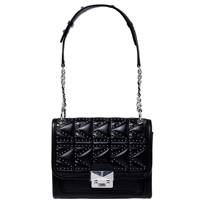 Image of Karl Lagerfeld Black Leather Small K/Kuilted Studs Top Handle Bag