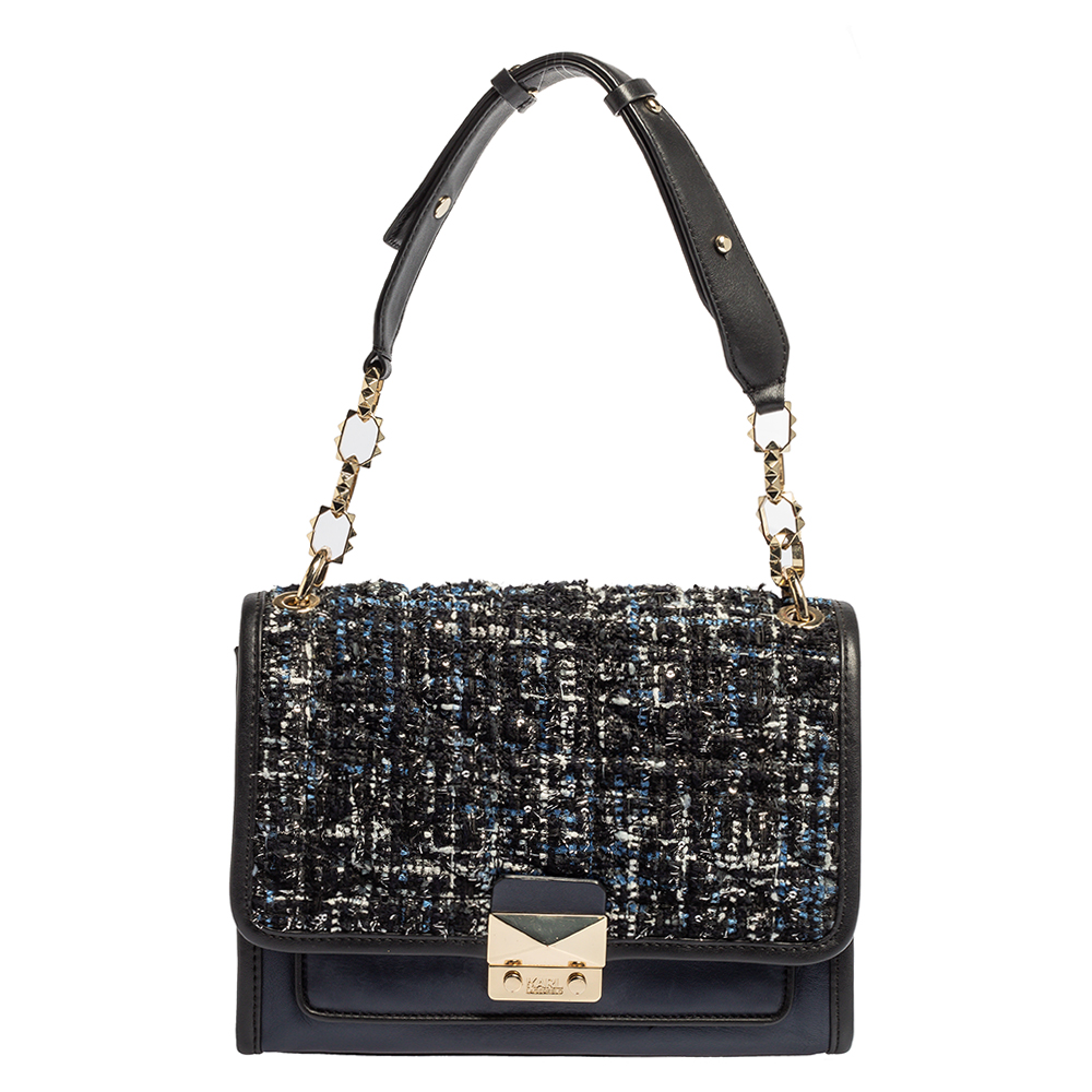 Image of Karl Lagerfeld Blue/Black Leather and Tweed K/Kuilted Flap Shoulder Bag