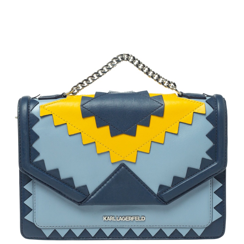 Image of Karl Lagerfeld Blue/Yellow Leather K/Klassik Zigzag Shoulder Bag