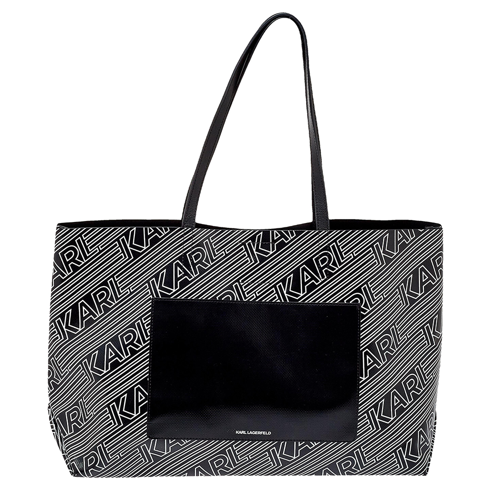 Karl Lagerfeld Black/White Logo Print Patent Vinyl and Leather Open Tote