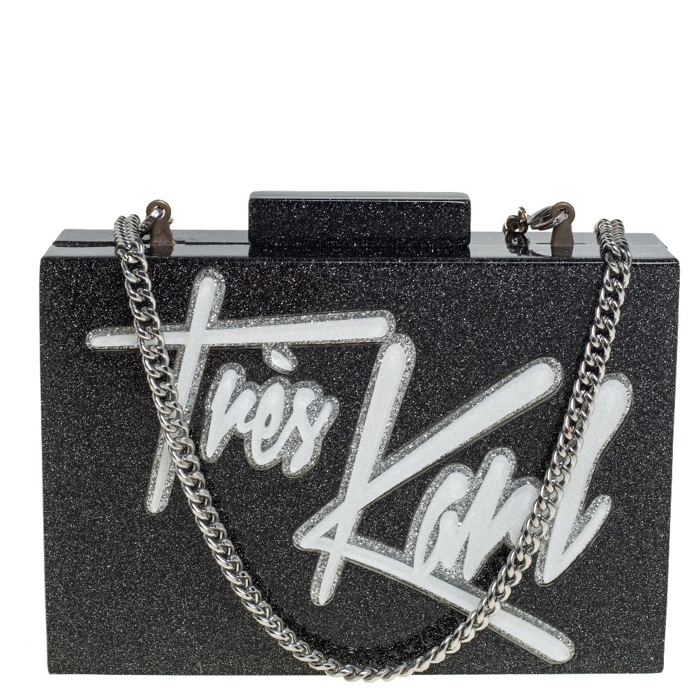 Karl Lagerfeld Black Glitter Acrylic Tres Karl Chain Box Clutch