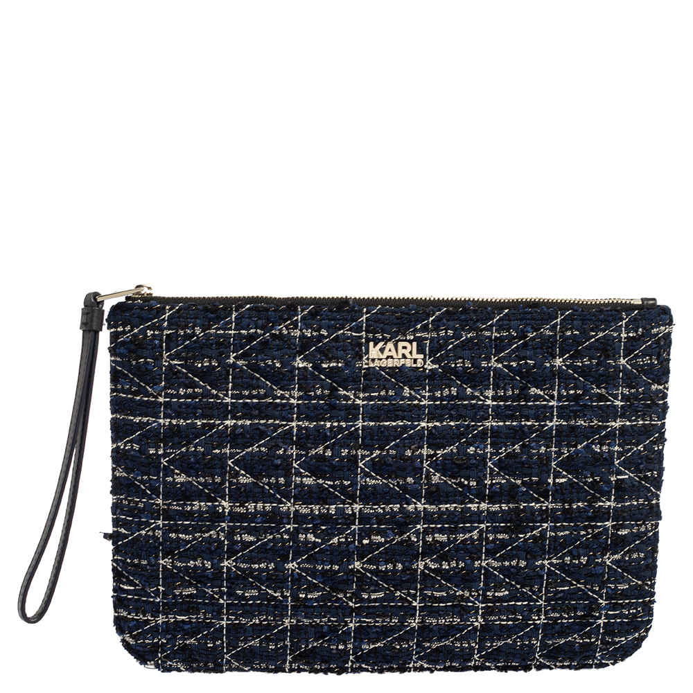 Karl Lagerfeld Blue/Black Quilted Tweed and Leather Zip Clutch