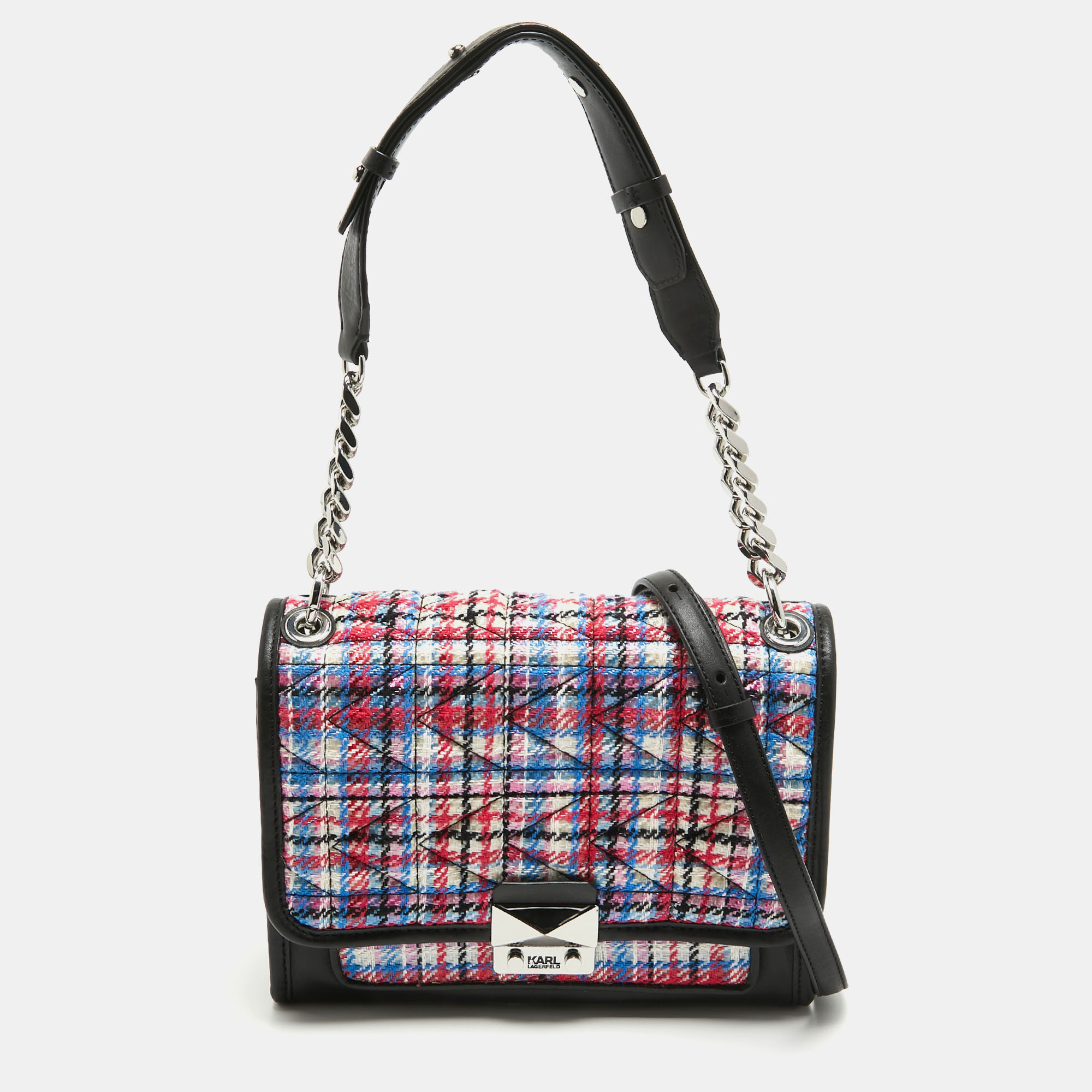 Karl lagerfeld multicolor straw and leather k/kuilted  flap shoulder bag