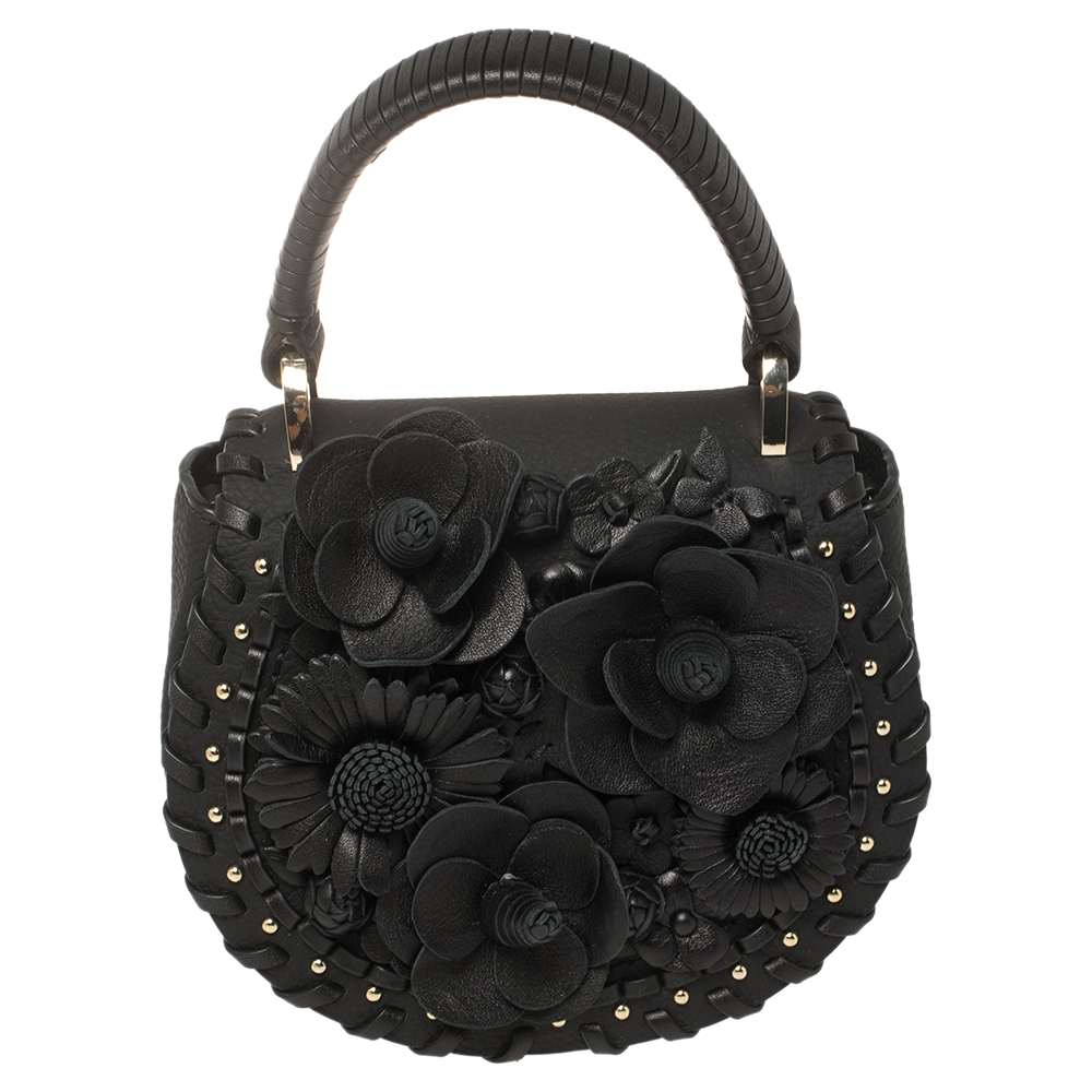 Kate Spade Black Floral Applique Leather Madison Layden Top Handle Bag