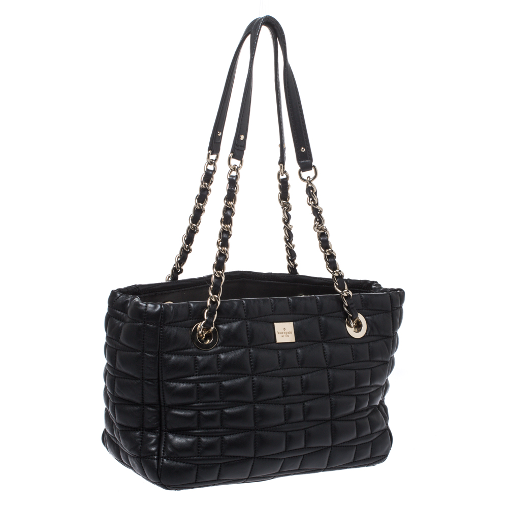 Kate Spade Black Square Quilted Leather Chain Tote