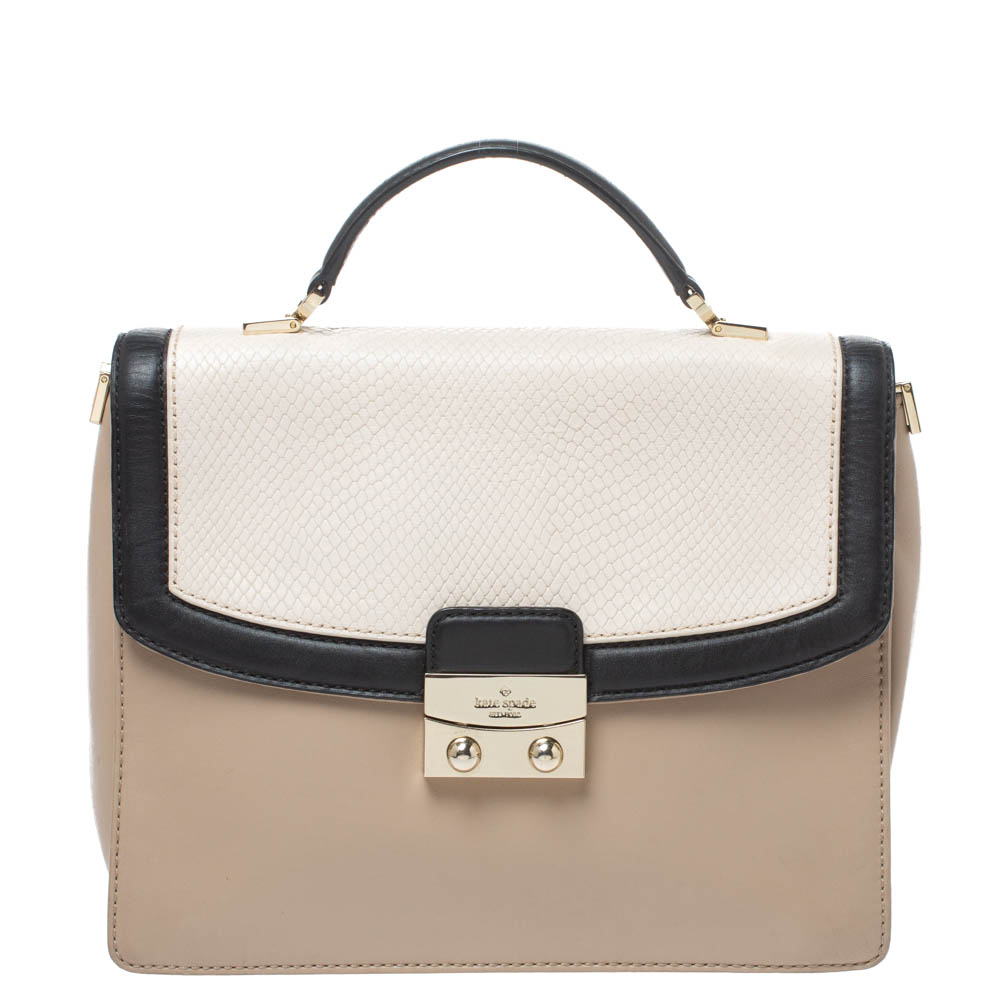 Image of Kate Spade Beige/Black Snakeskin Embossed Leather Pushlock Flap Top Handle Bag
