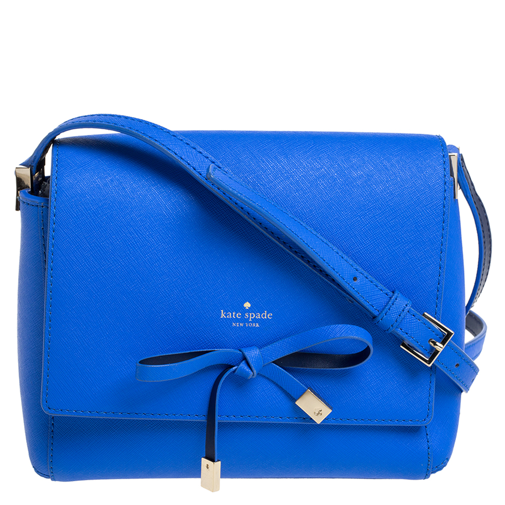 Image of Kate Spade Blue Leather Bow Flap Shoulder Bag