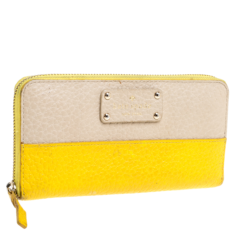 Kate Spade Yellow/Beige Leather Grove Court Lacey Zip Around Wallet