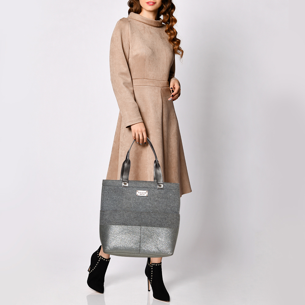 Kate Spade Grey Frosted Wool And Leather Quinn Tote