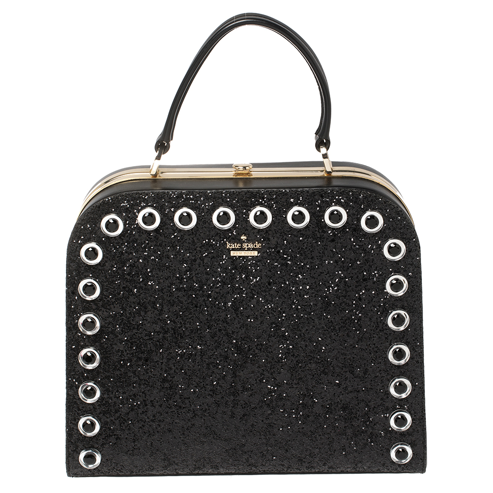 Kate Spade Black Glitter and Leather Large Skyline Way Violina Top Handle Bag