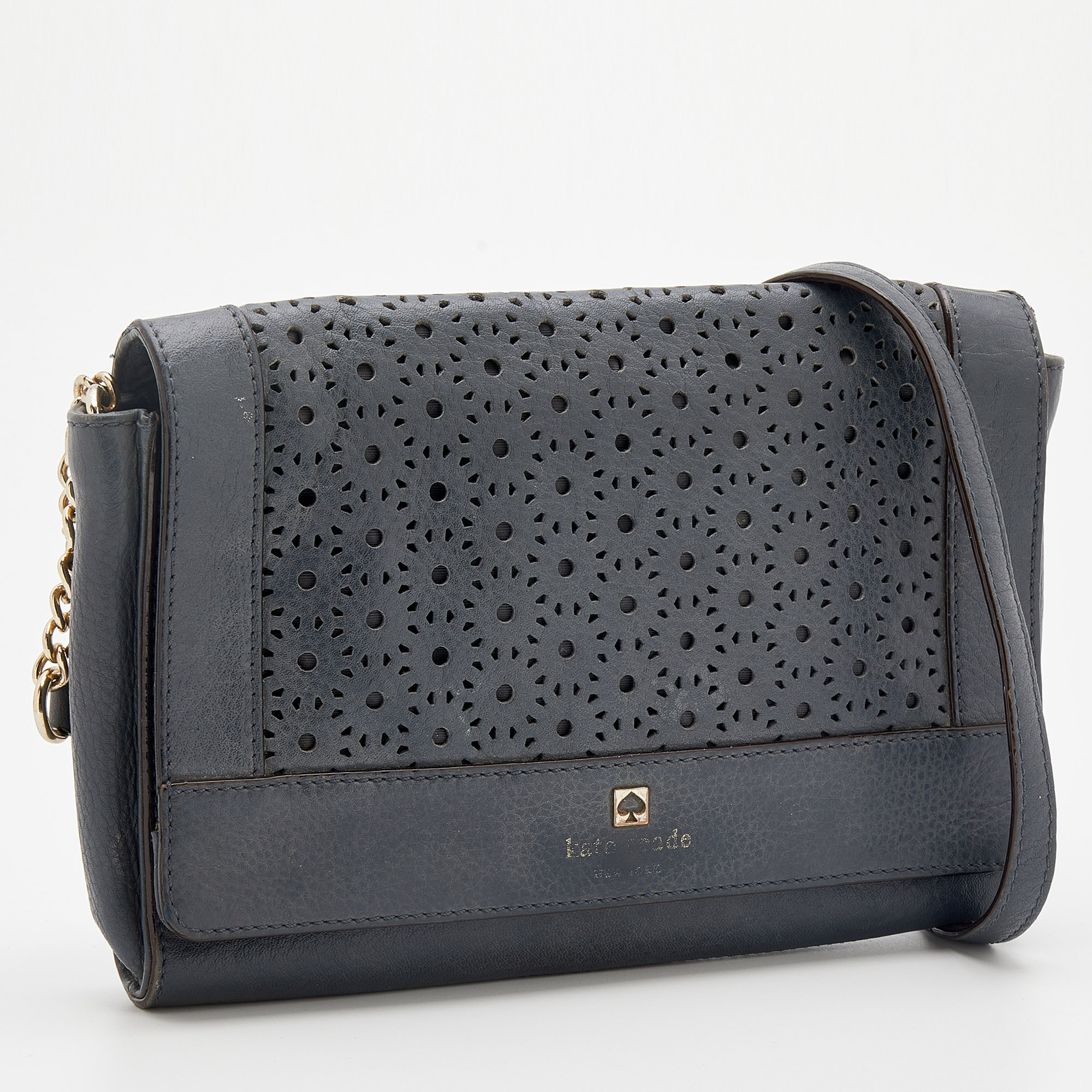 Kate Spade Dark Grey Leather Perforated Flap Shoulder Bag