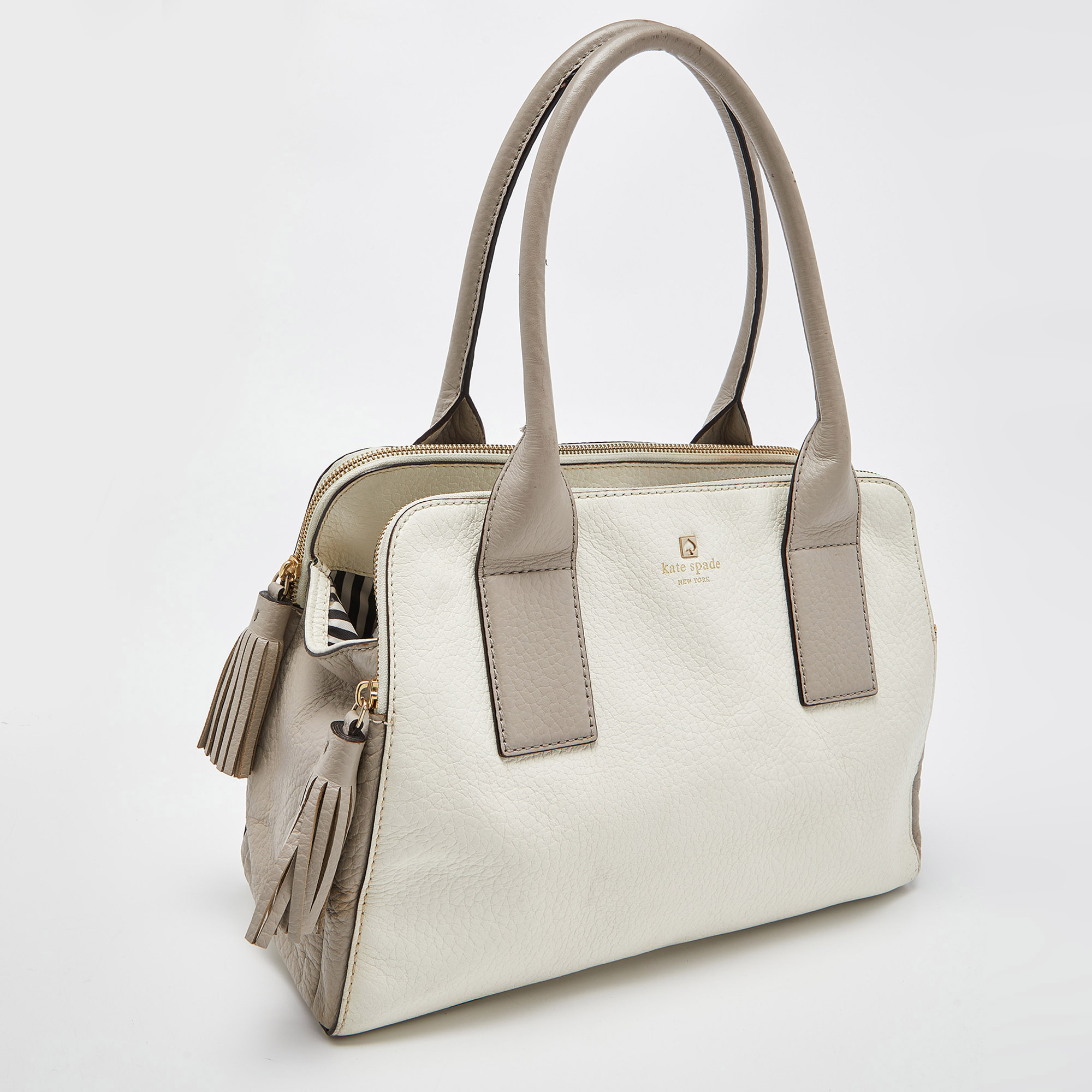 Kate Spade Off White/Grey Leather Double Zip Satchel