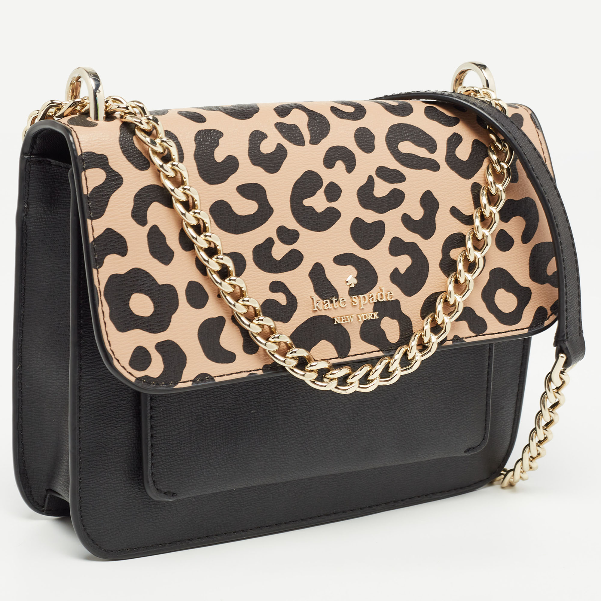 Kate Spade Black/Beige Leopard Print Leather Remi Flap Chain Crossbody Bag