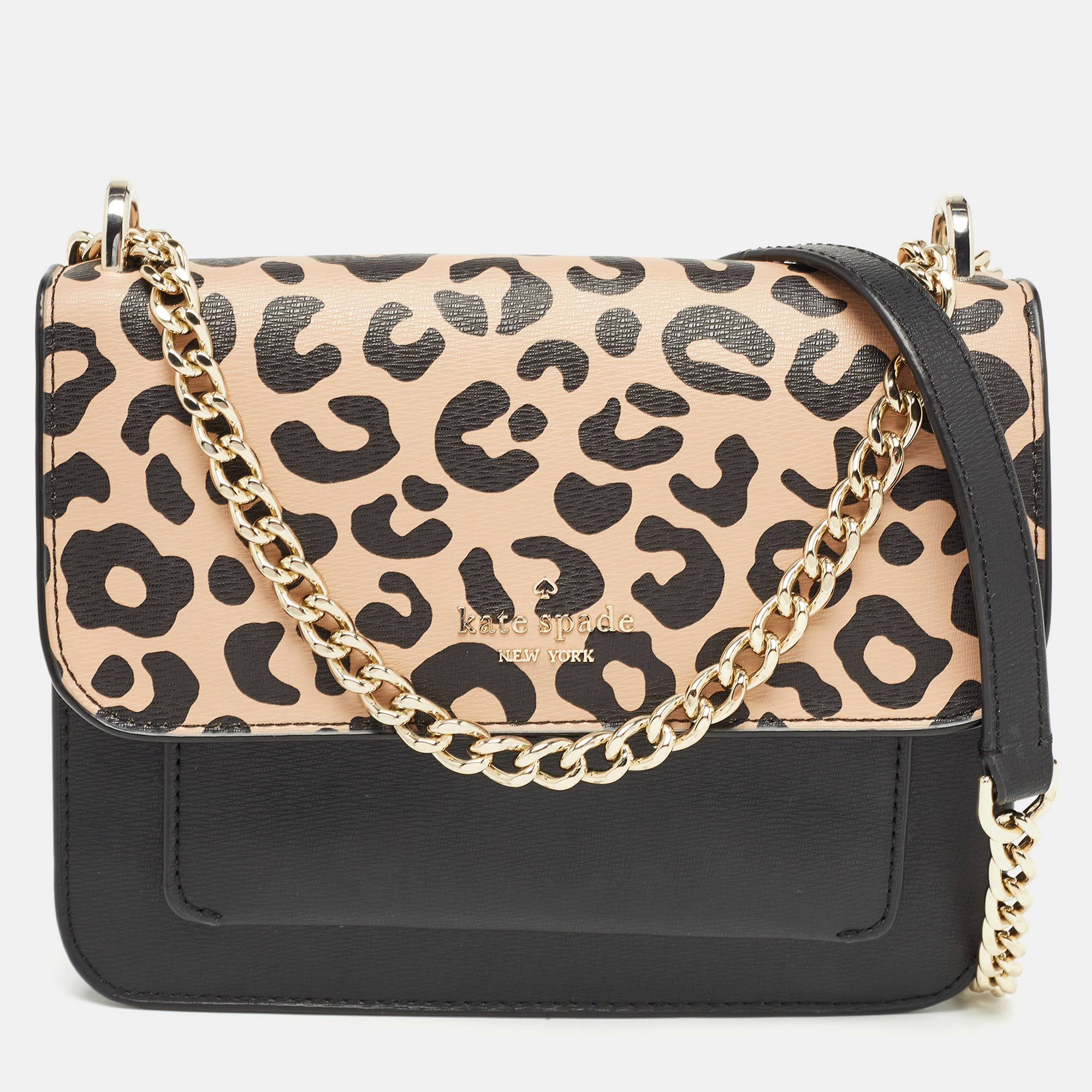 Kate spade black/beige leopard print leather remi flap chain crossbody bag