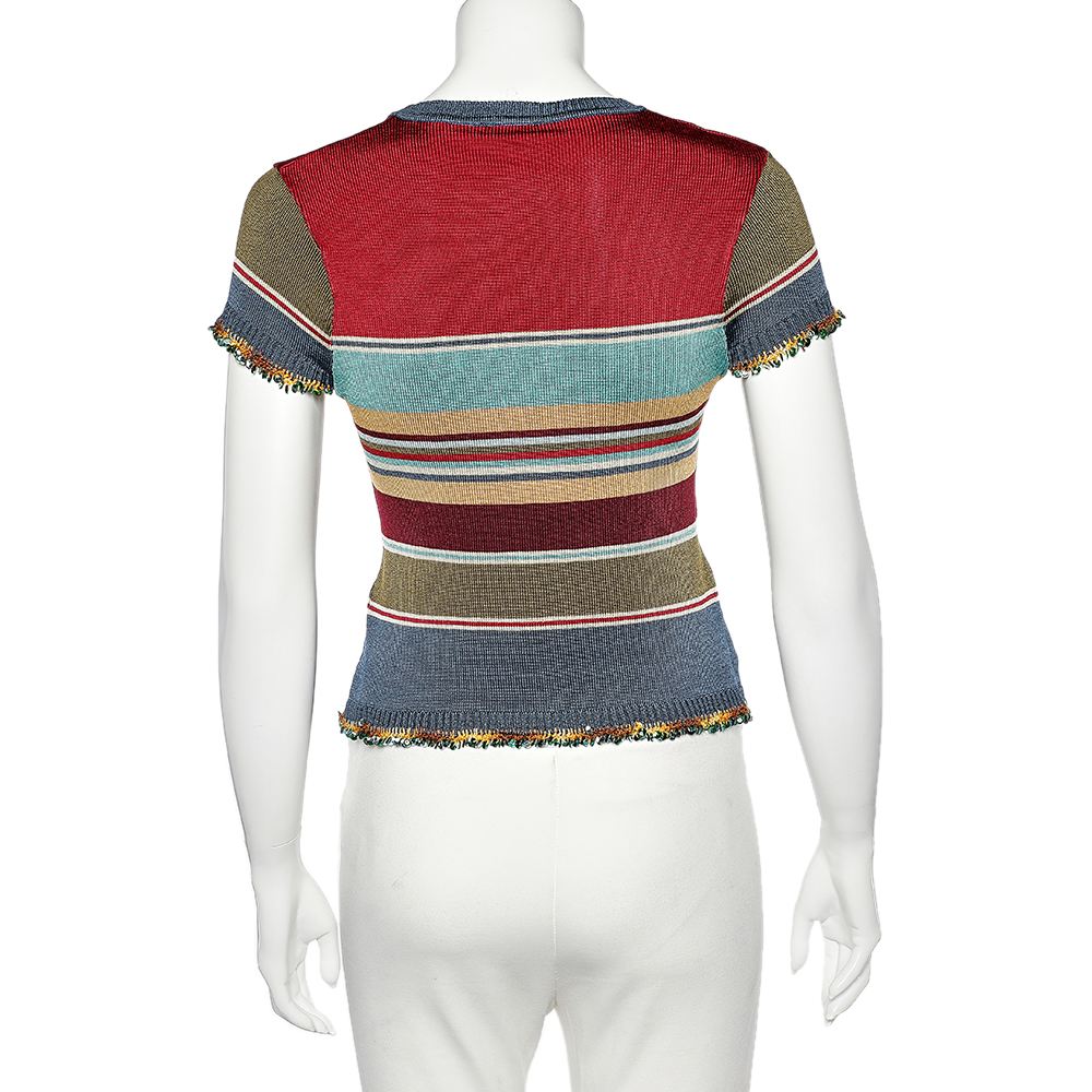 Kenzo Jeans Multicolor Striped Knit Sequin Detail T-Shirt L