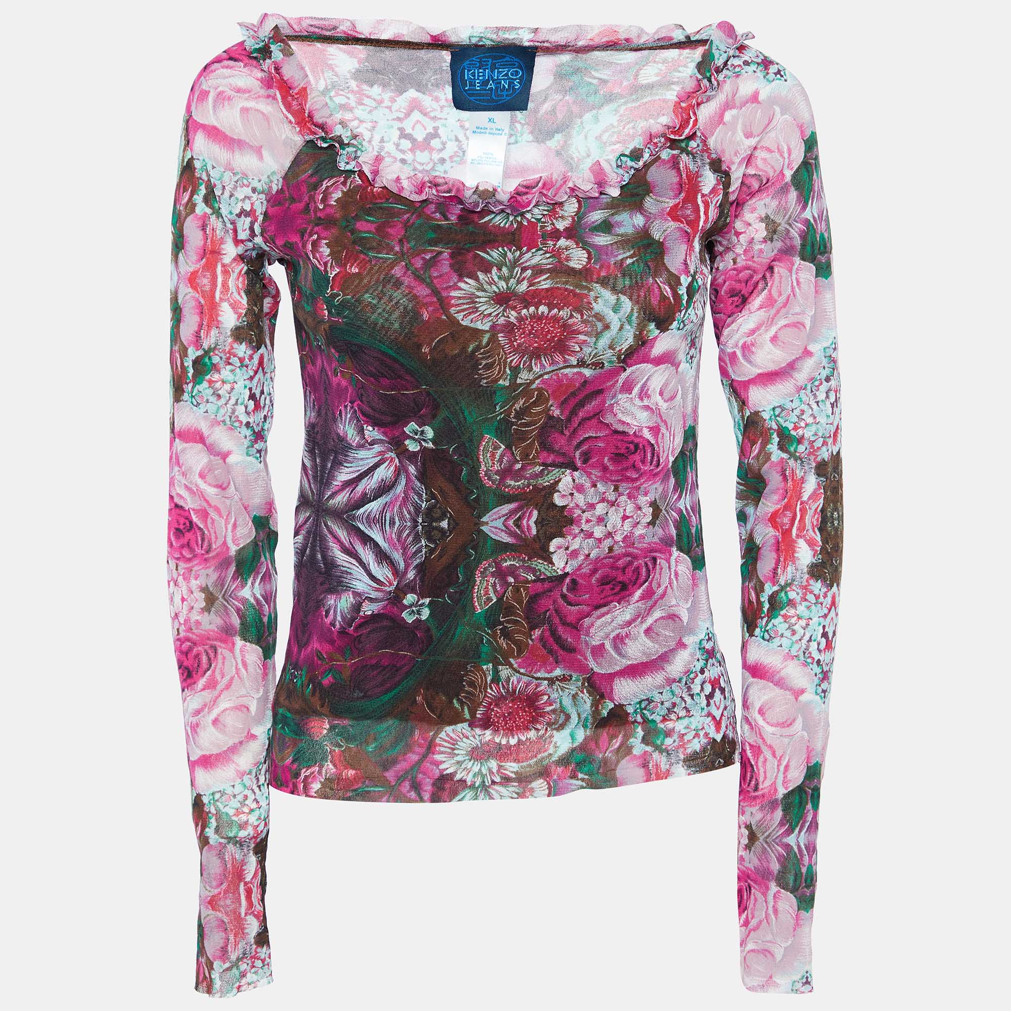 Kenzo Jeans Pink Floral Print Knit Ruffled Neck Top XL