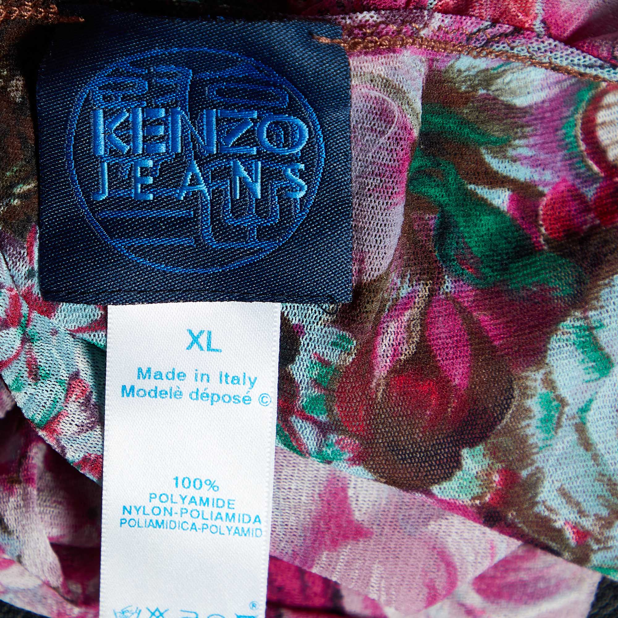 Kenzo Jeans Pink Floral Print Knit Ruffled Neck Top XL