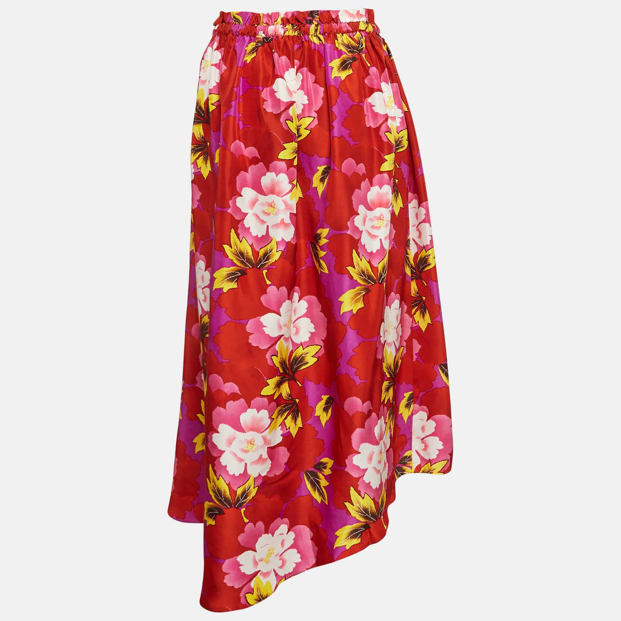 Kenzo Red Floral Print Silk Gathered Midi Skirt M