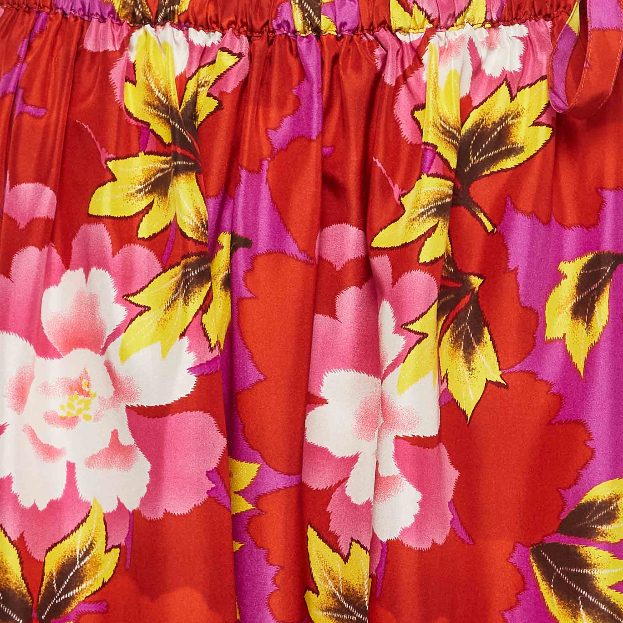 Kenzo Red Floral Print Silk Gathered Midi Skirt M