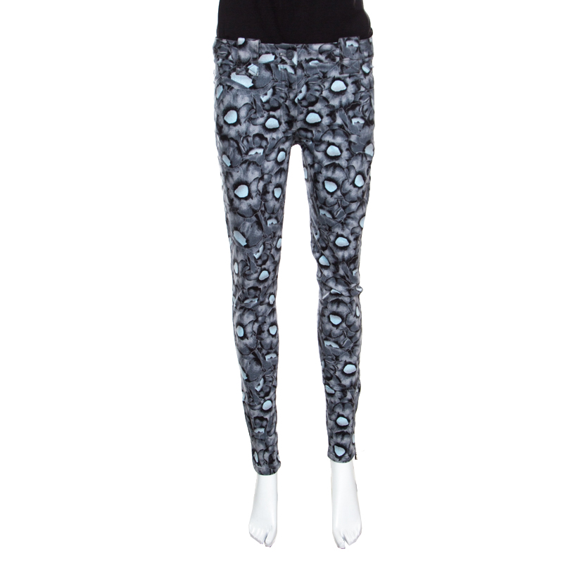 Image of Kenzo Grey Floral Print Washed Denim Zip Detail Skinny Jeans M