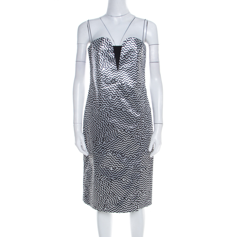 Image of Kenzo Silver and Black Zig Zag Pattern Jacquard Strapless Dress M
