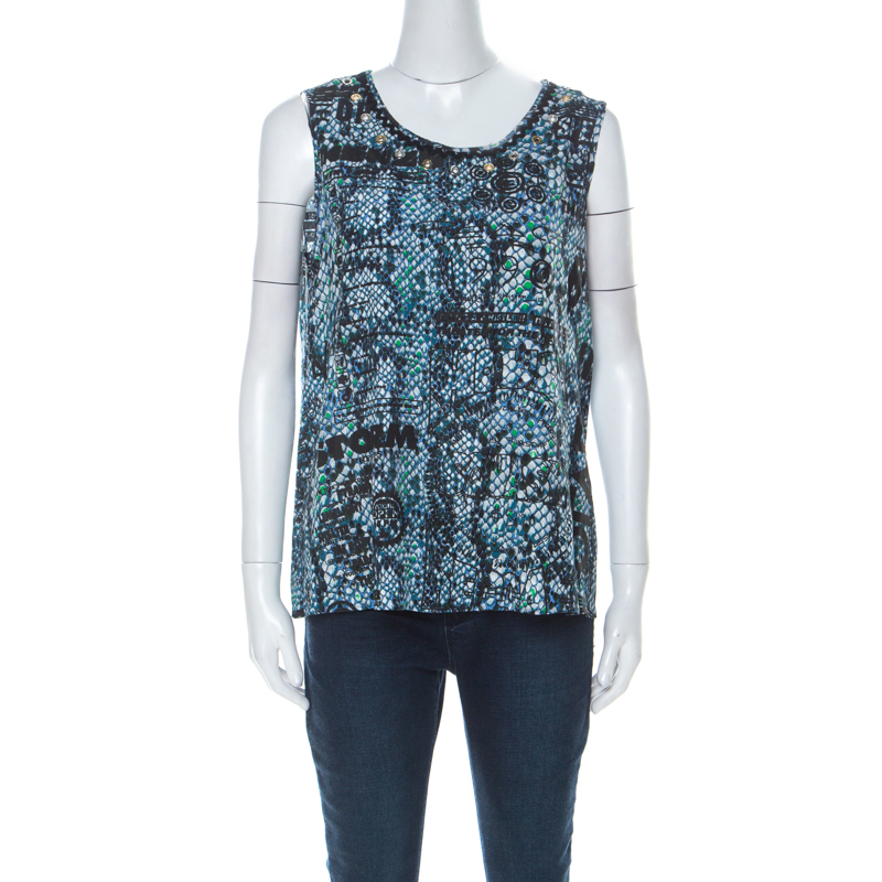 Image of Kenzo Blue Crepe Snakeskin Slogan Print Tank Top M